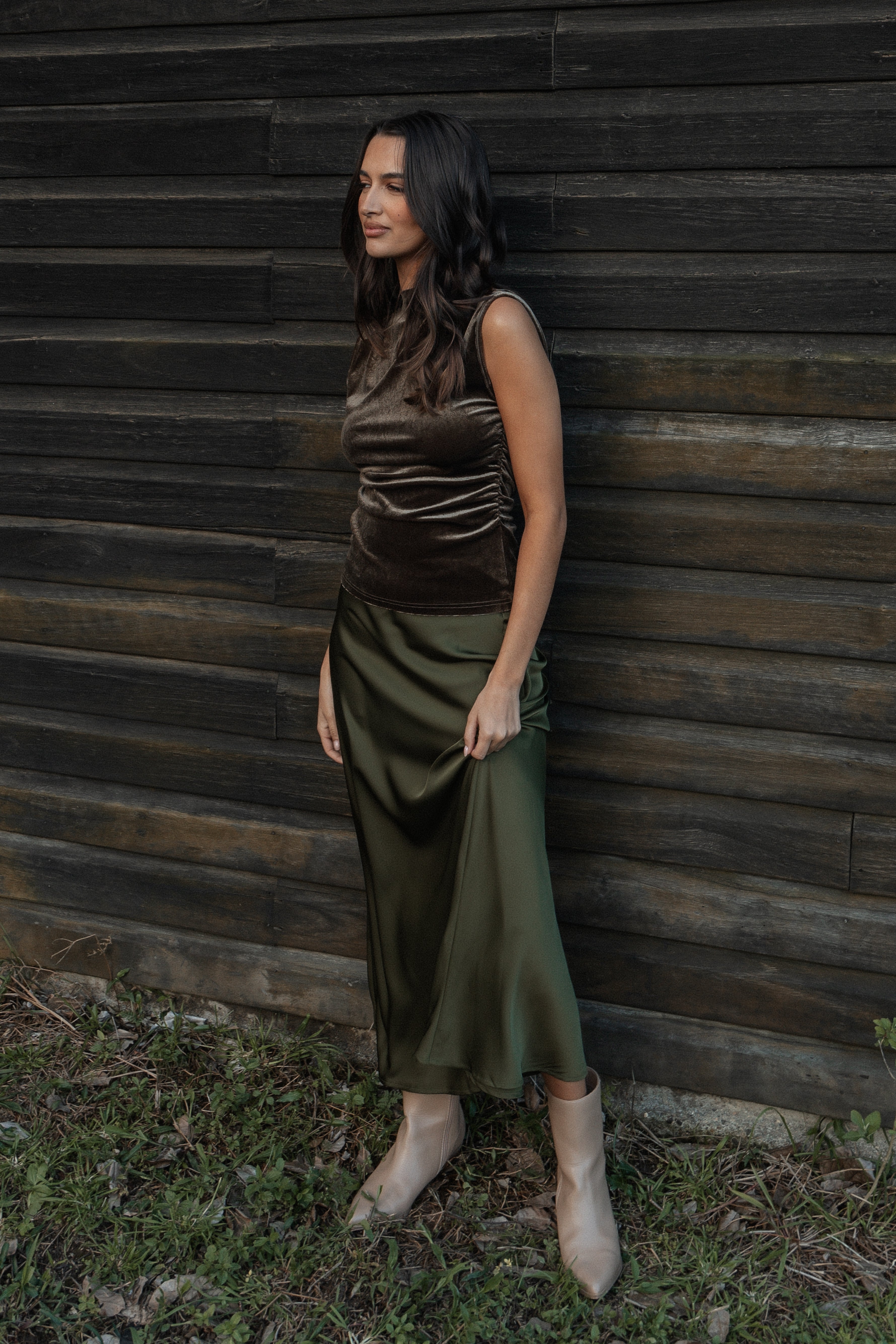 Nellie Satin Midi Skirt - Olive-Ladys Street