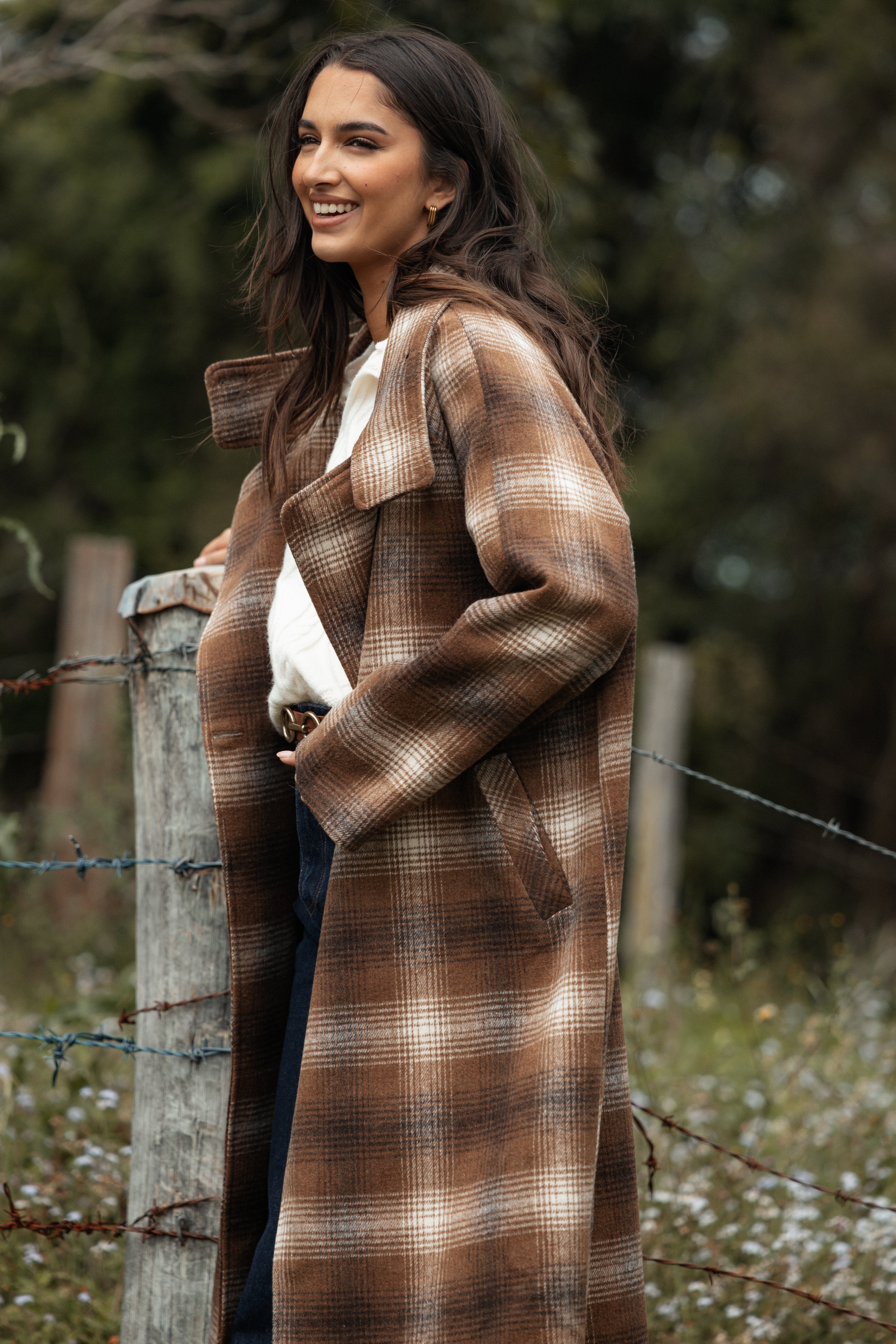 Maya Long Coat - Brown Check-Ladys Street