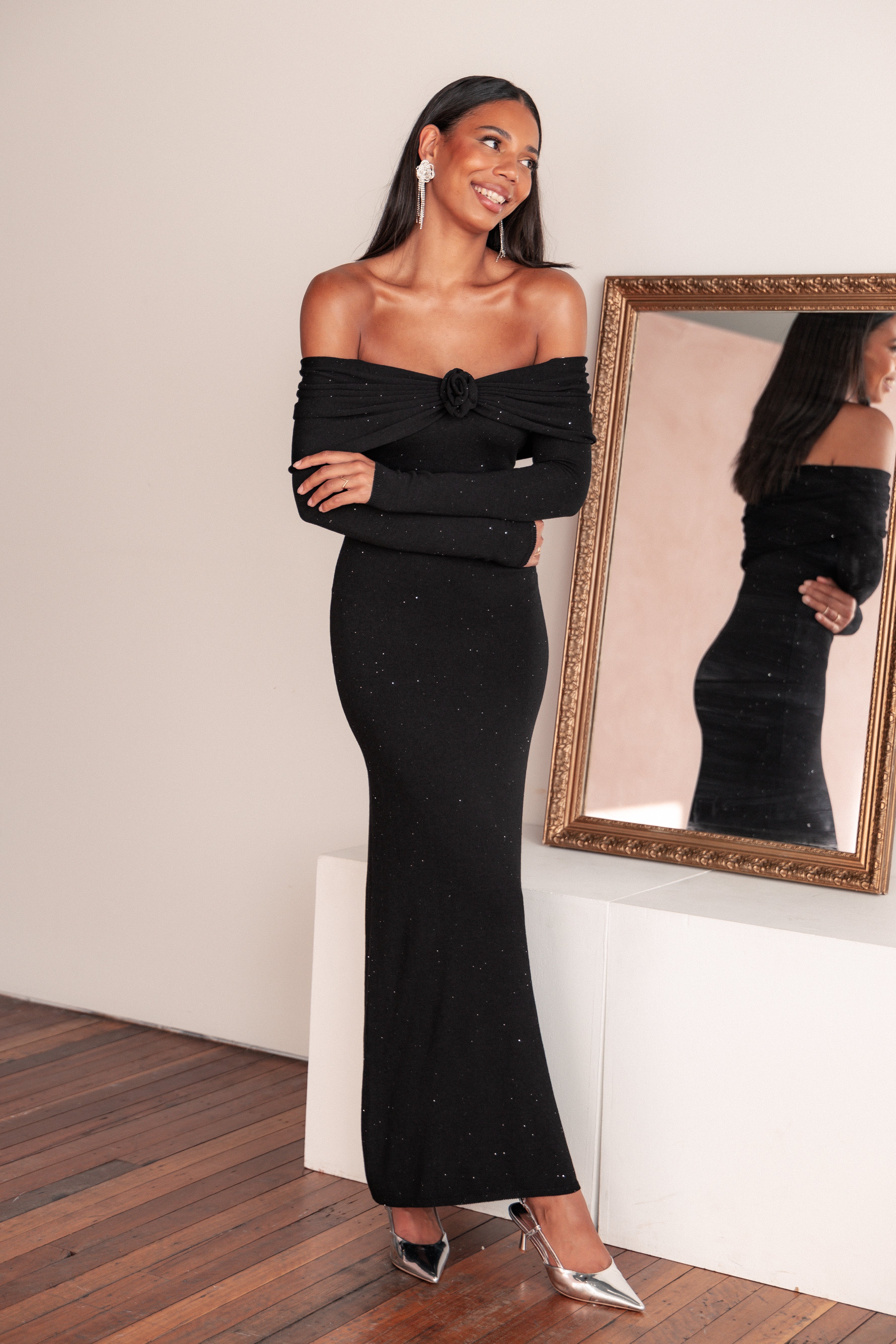 Pennie Maxi Dress - Black Sequin Knit-Ladys Street
