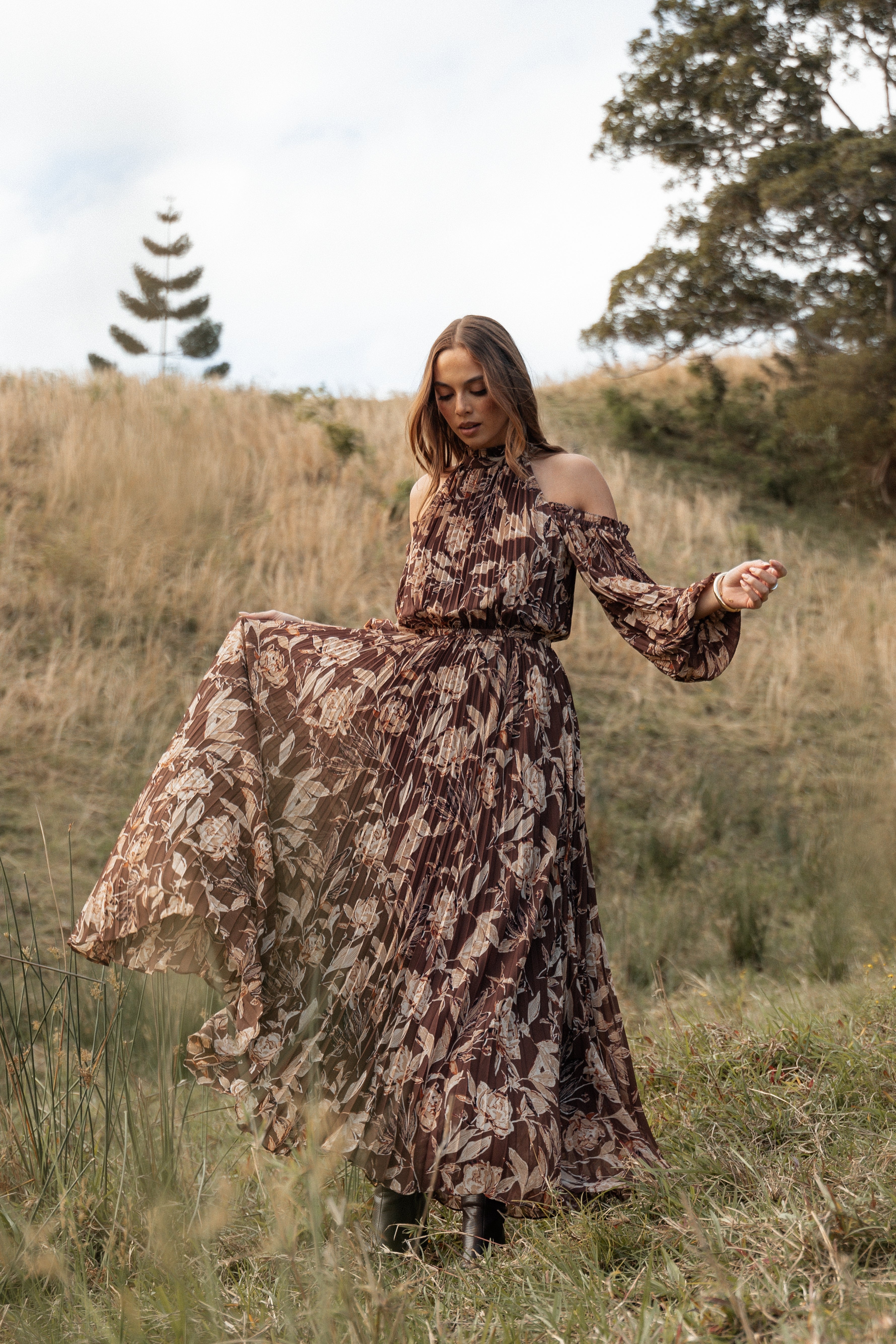 Hilary Pleated Maxi Dress - Brown Floral-Ladys Street