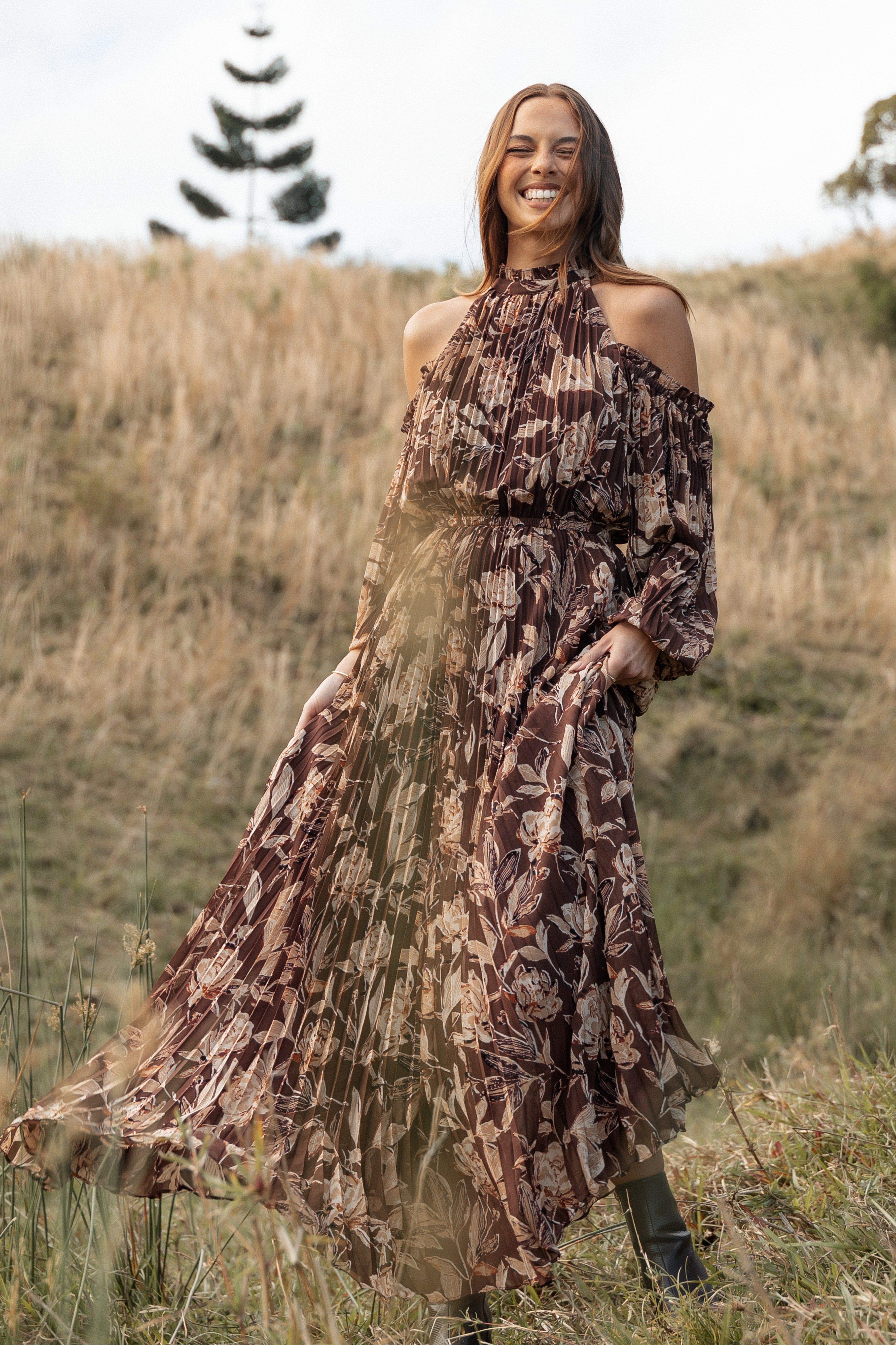 Hilary Pleated Maxi Dress - Brown Floral-Ladys Street