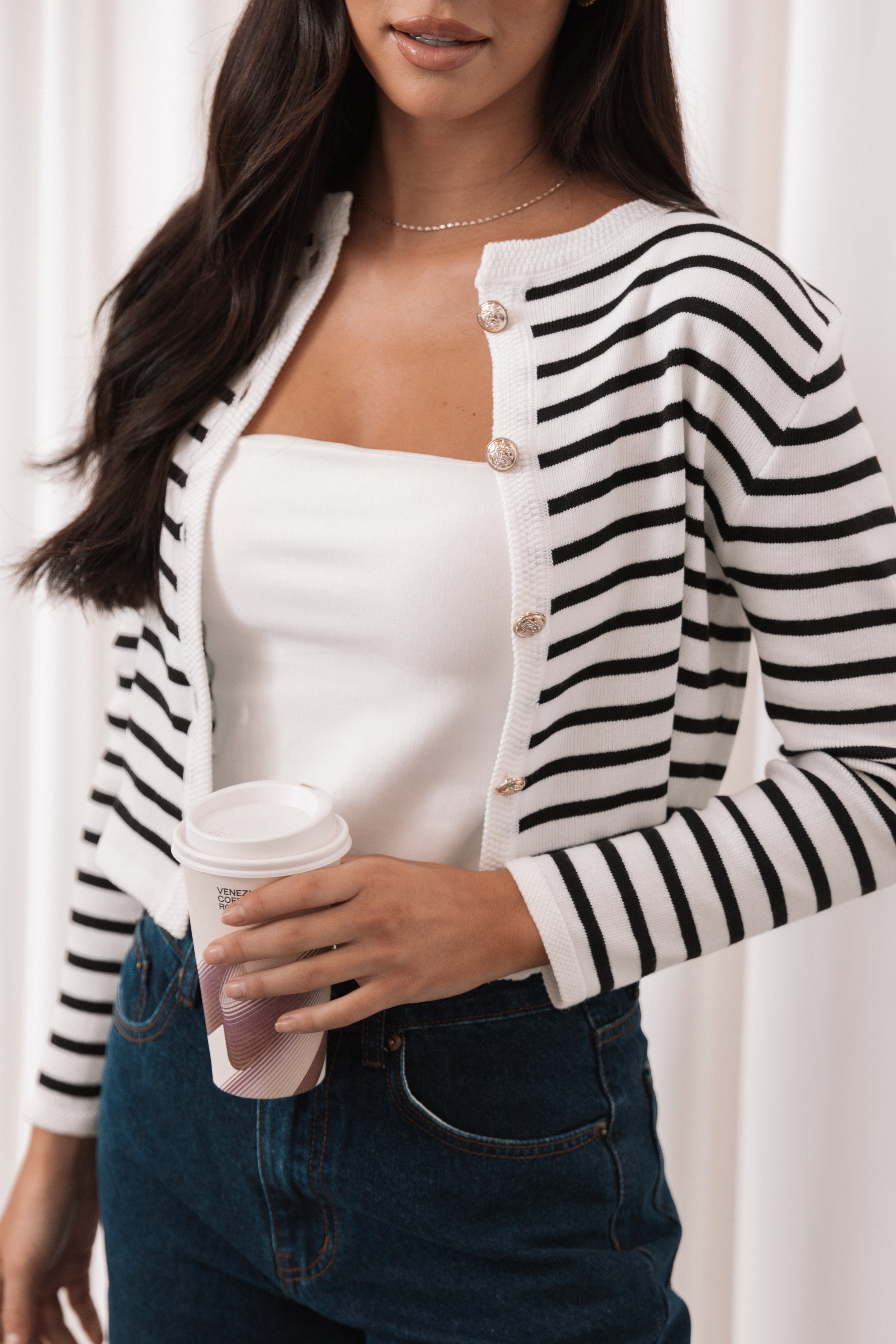 Cynthia Striped Button Front Cardigan - Black/Cream-Ladys Street