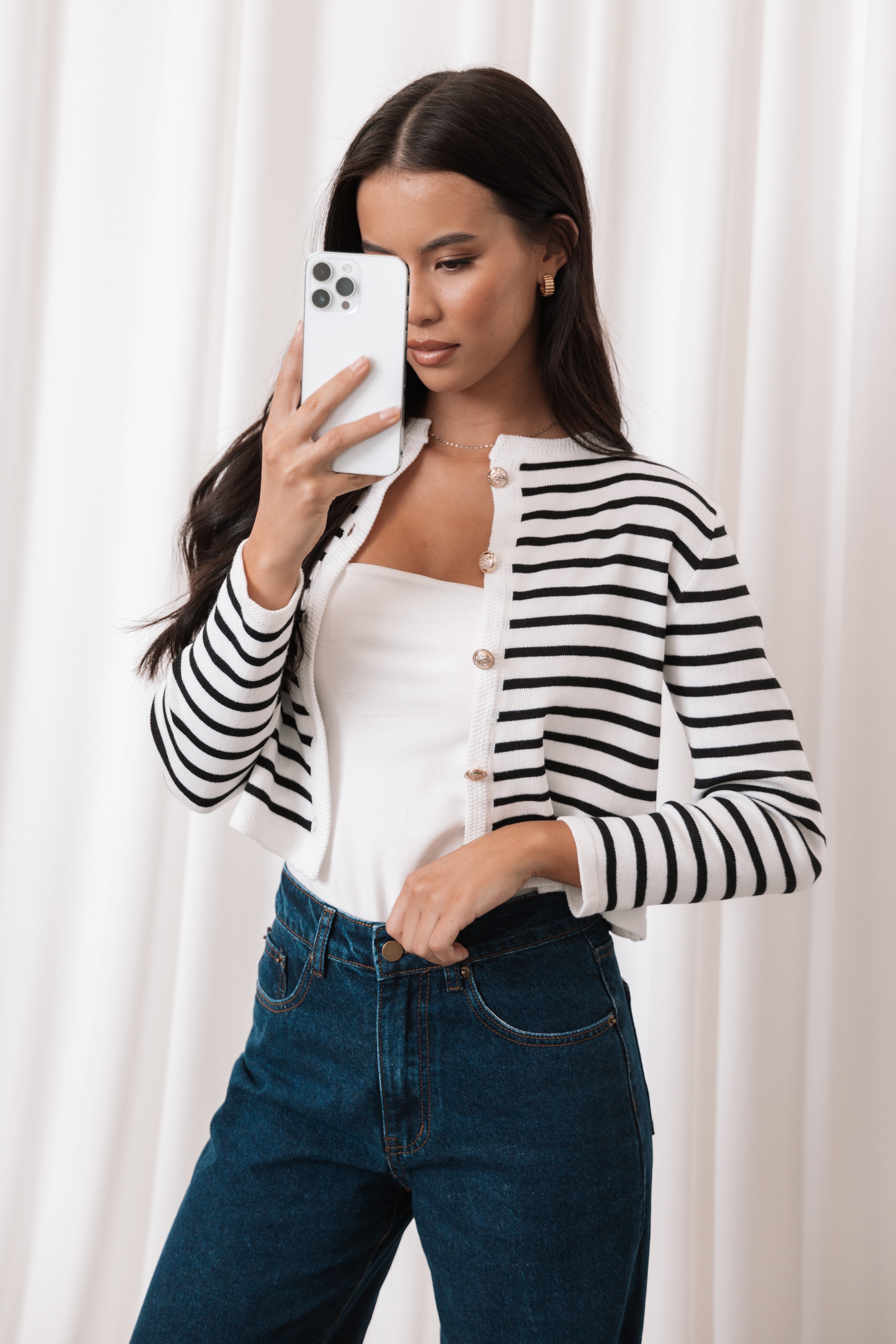 Cynthia Striped Button Front Cardigan - Black/Cream-Ladys Street