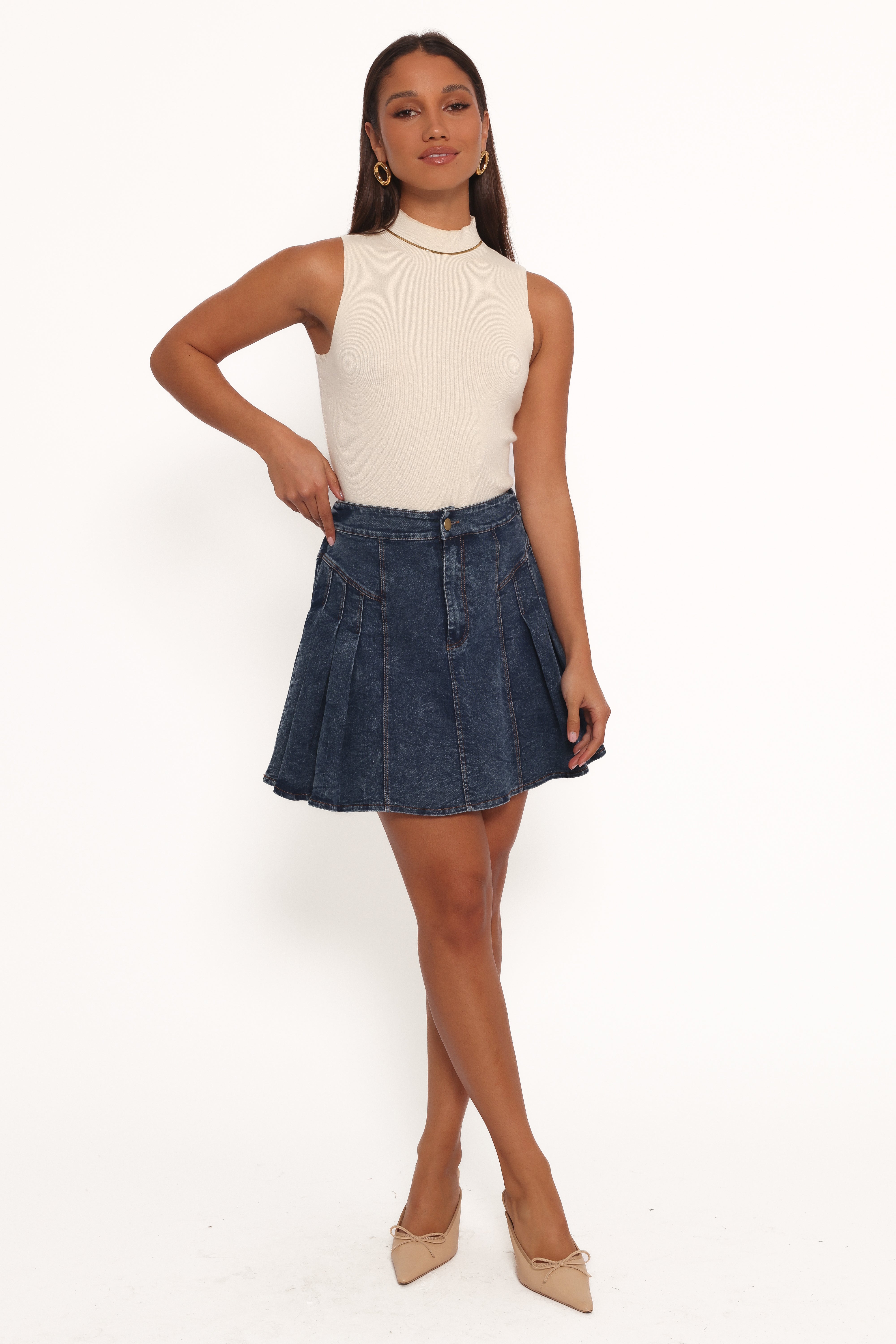 Alek Pleated Mini Skirt - Mid Wash Denim-Charming Rule