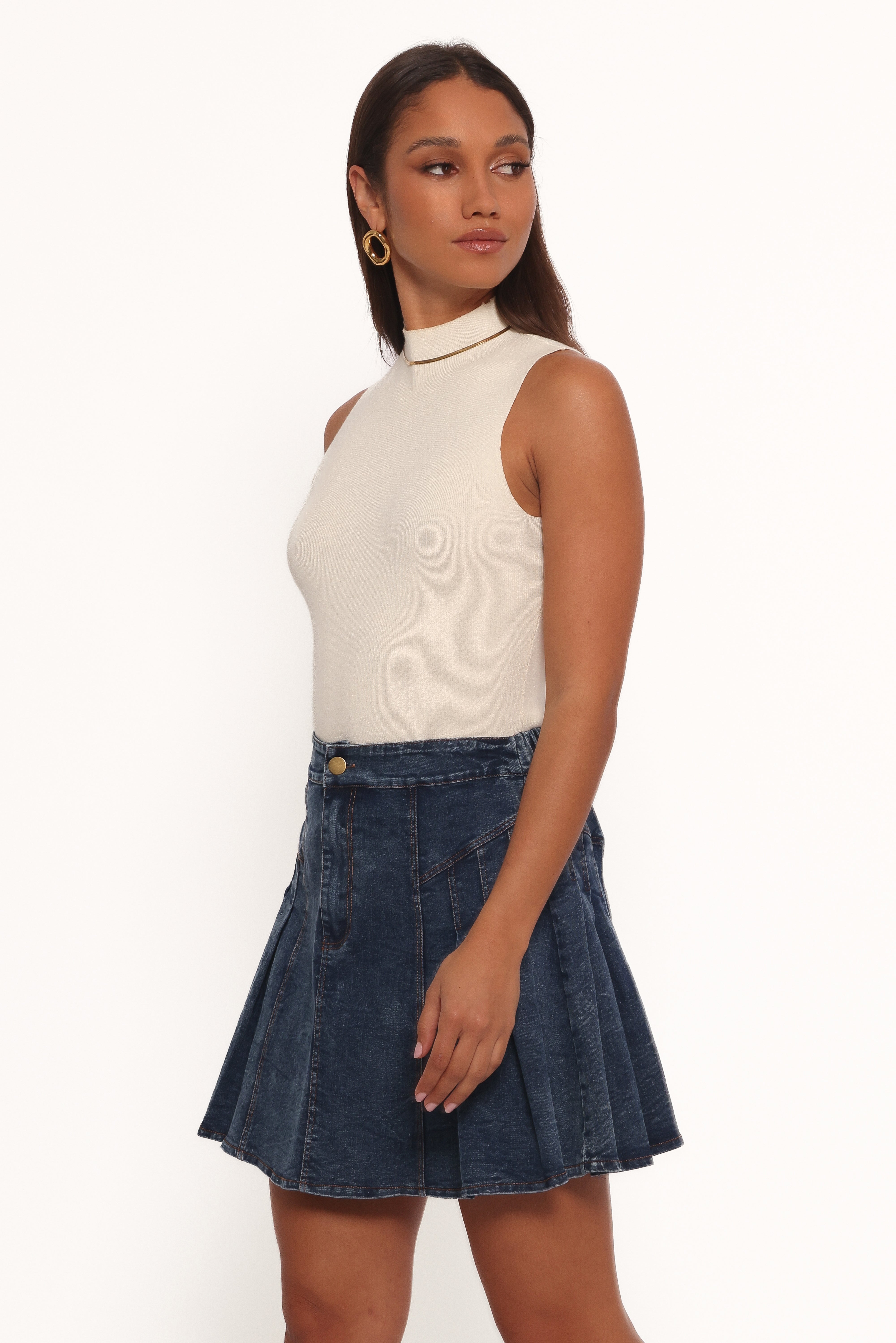 Alek Pleated Mini Skirt - Mid Wash Denim-Charming Rule