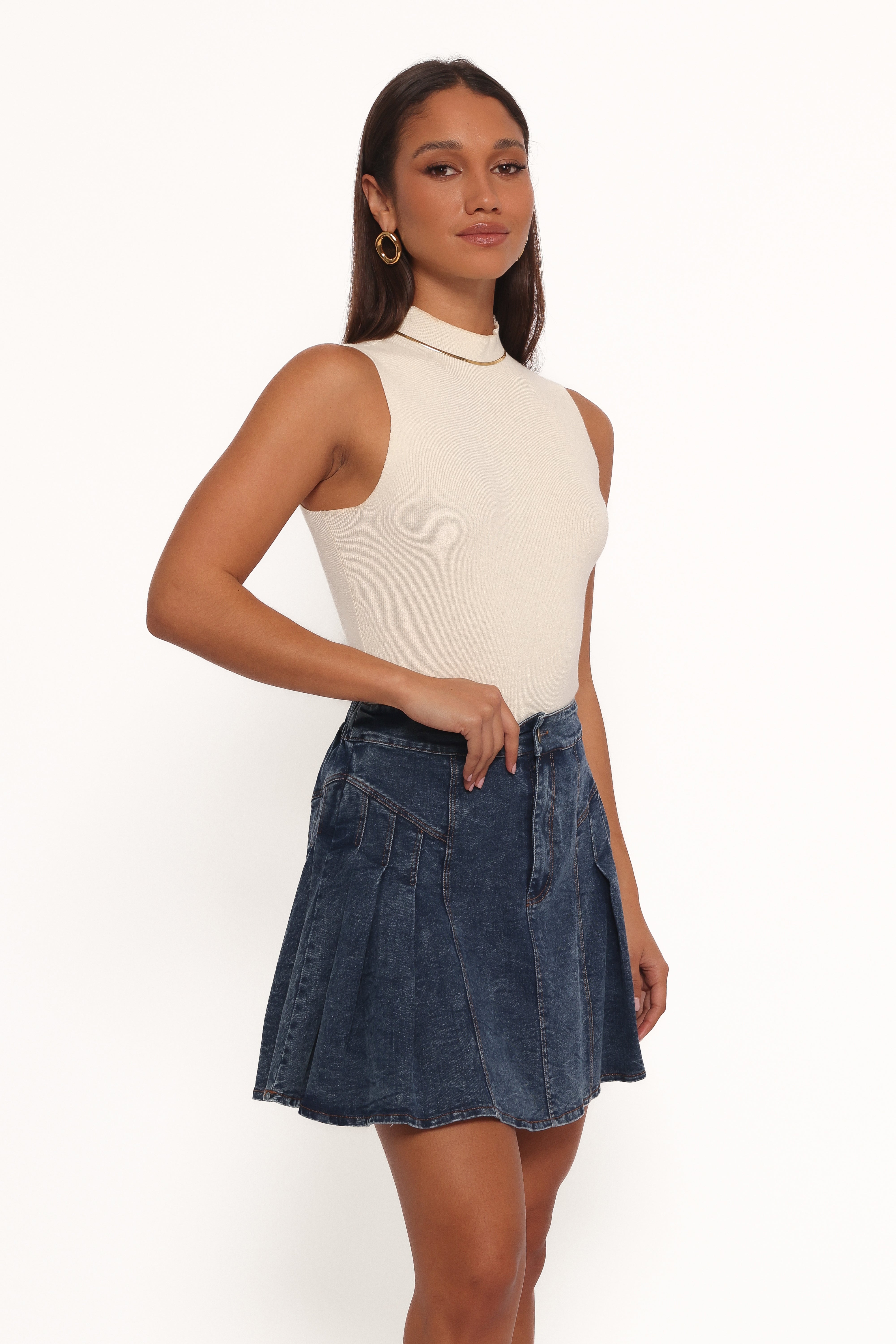 Alek Pleated Mini Skirt - Mid Wash Denim-Charming Rule