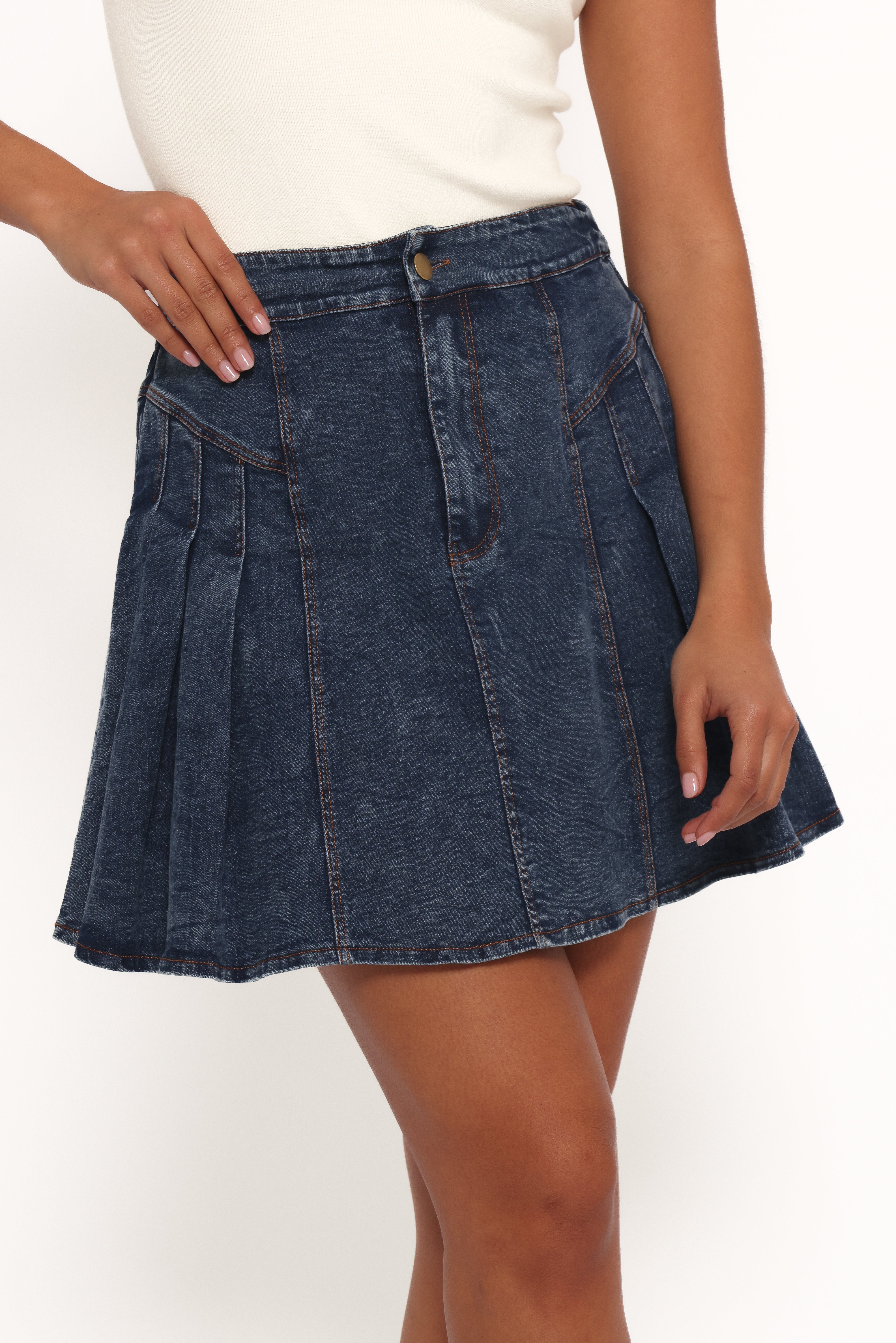 Alek Pleated Mini Skirt - Mid Wash Denim-Charming Rule