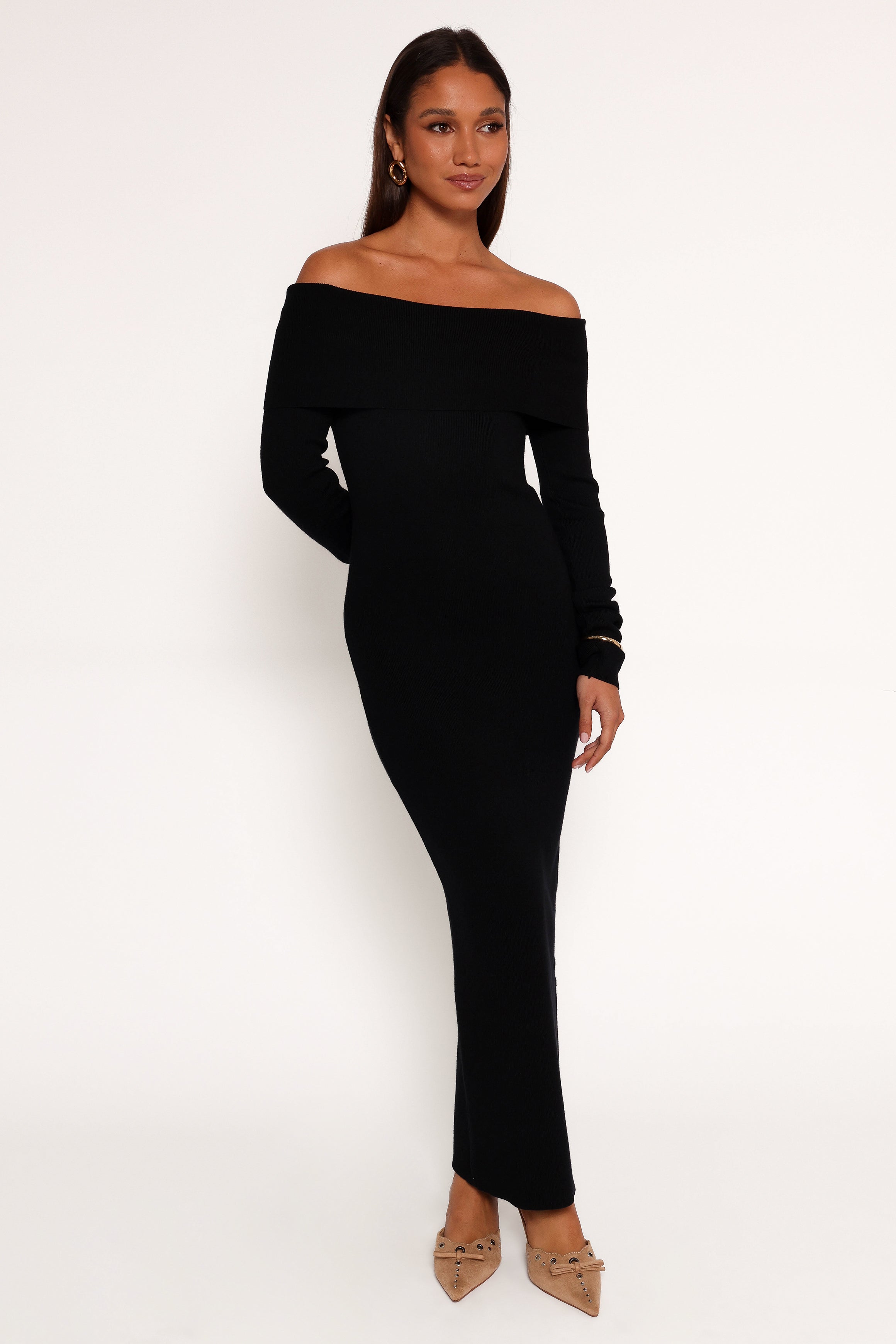 Archie Off the Shoulder Midi Dress - Black-Charming Rule
