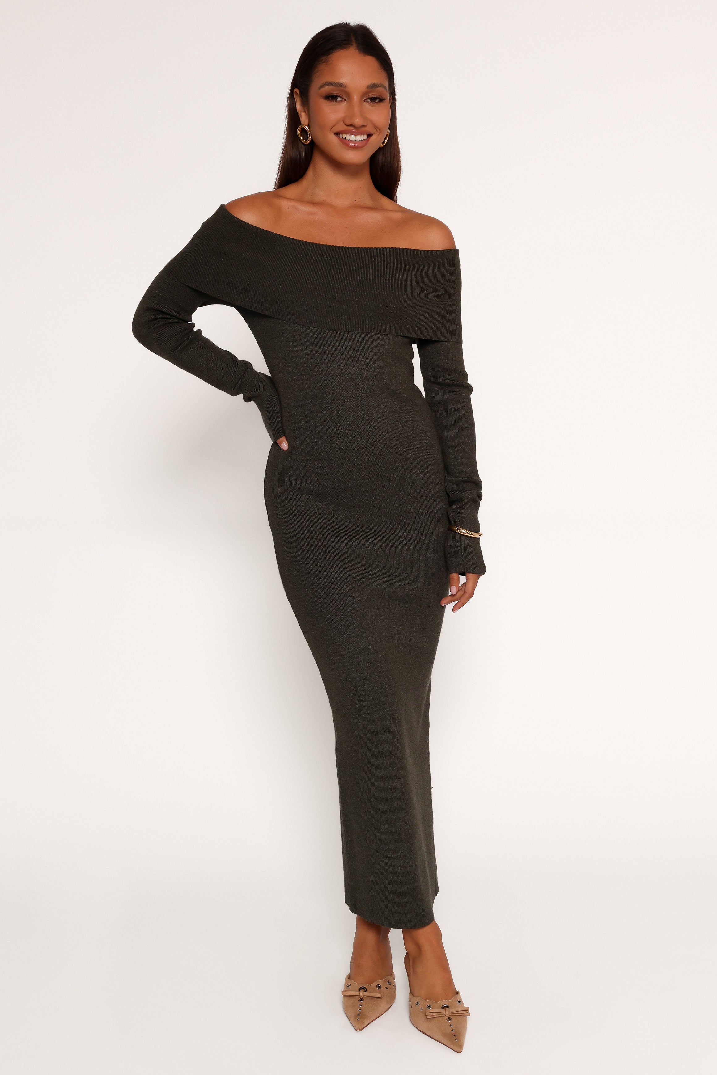 Archie Off The Shoulder Midi Dress - Olive-Charming Rule