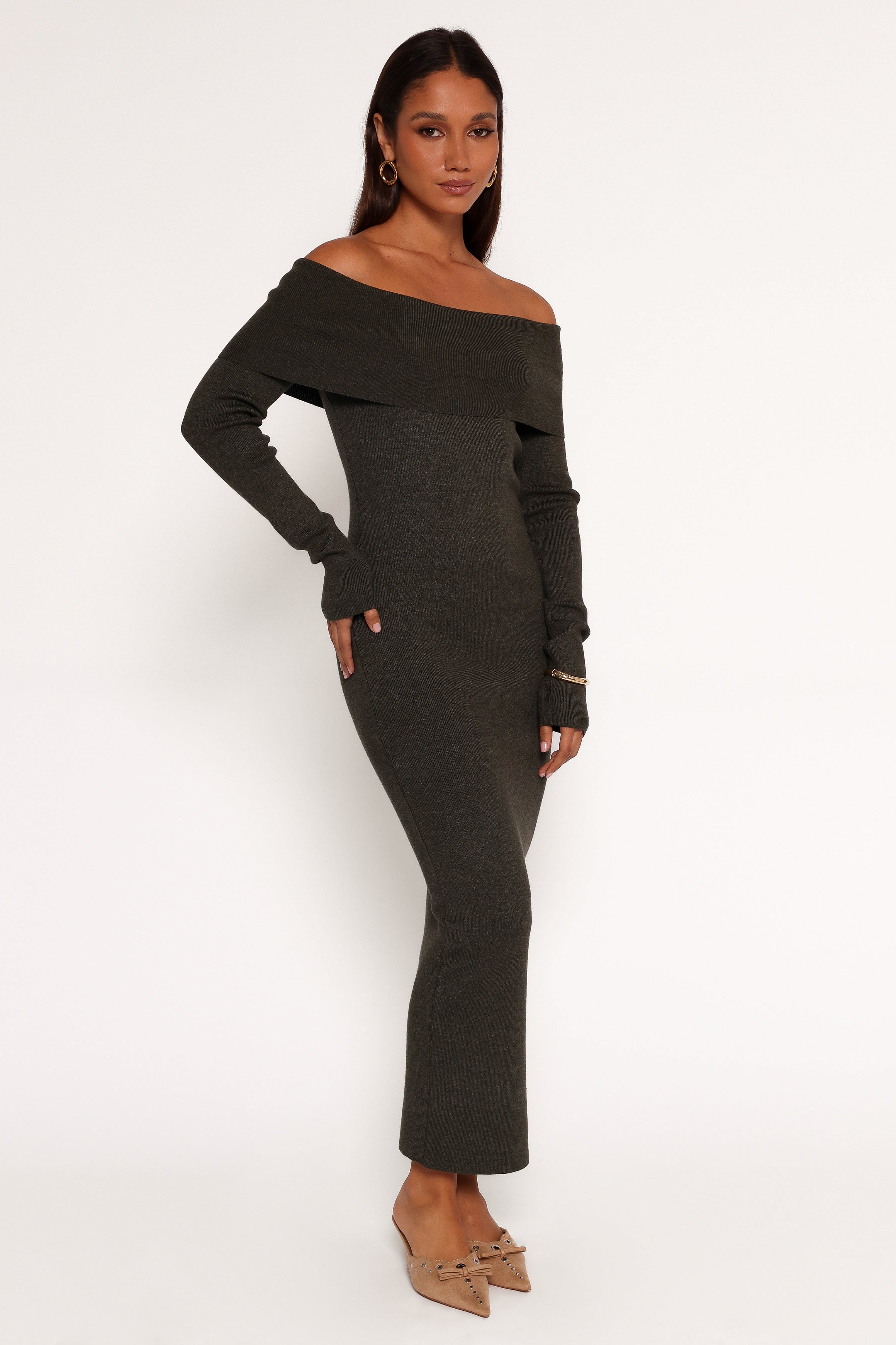 Archie Off The Shoulder Midi Dress - Olive-Charming Rule