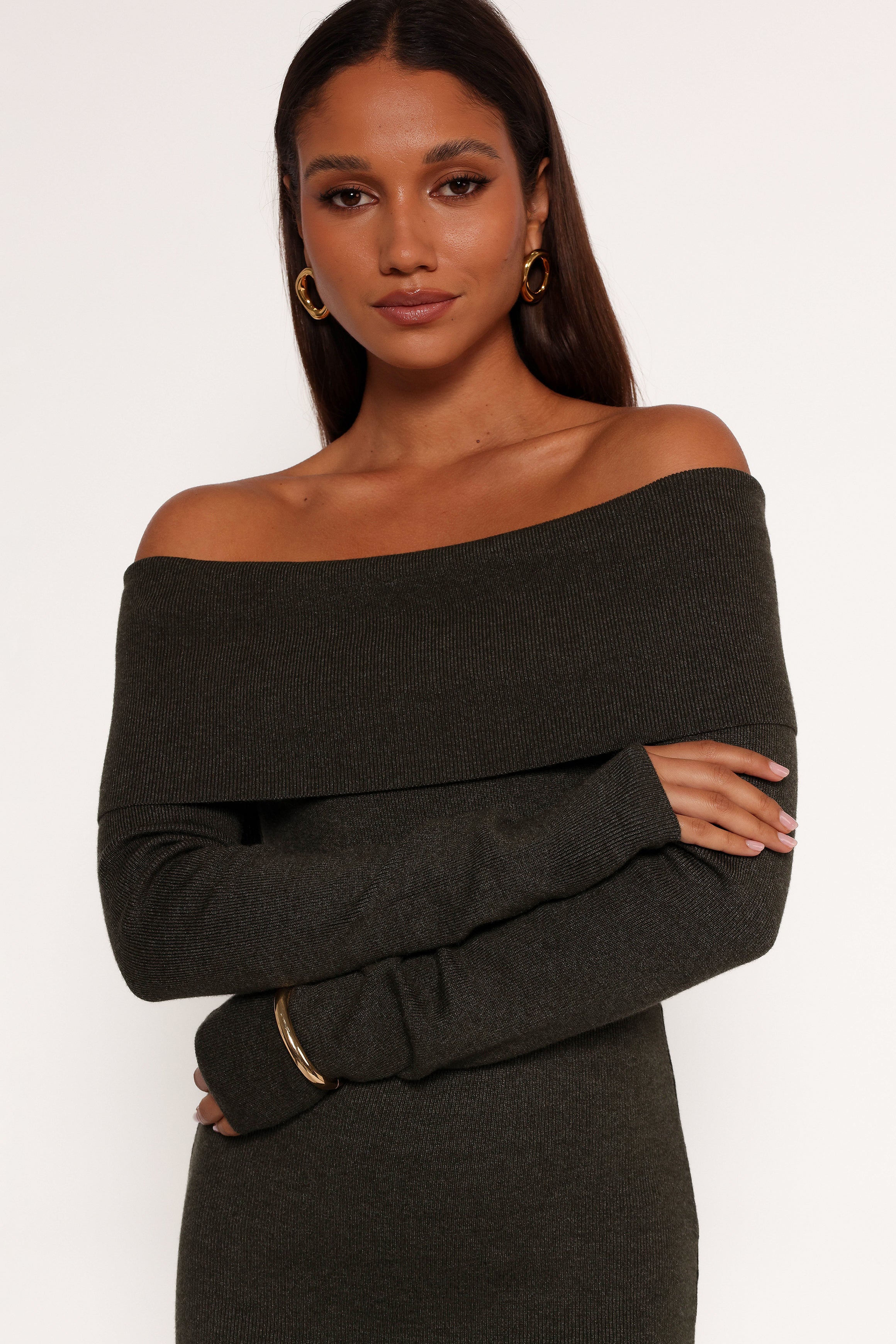 Archie Off The Shoulder Midi Dress - Olive-Charming Rule