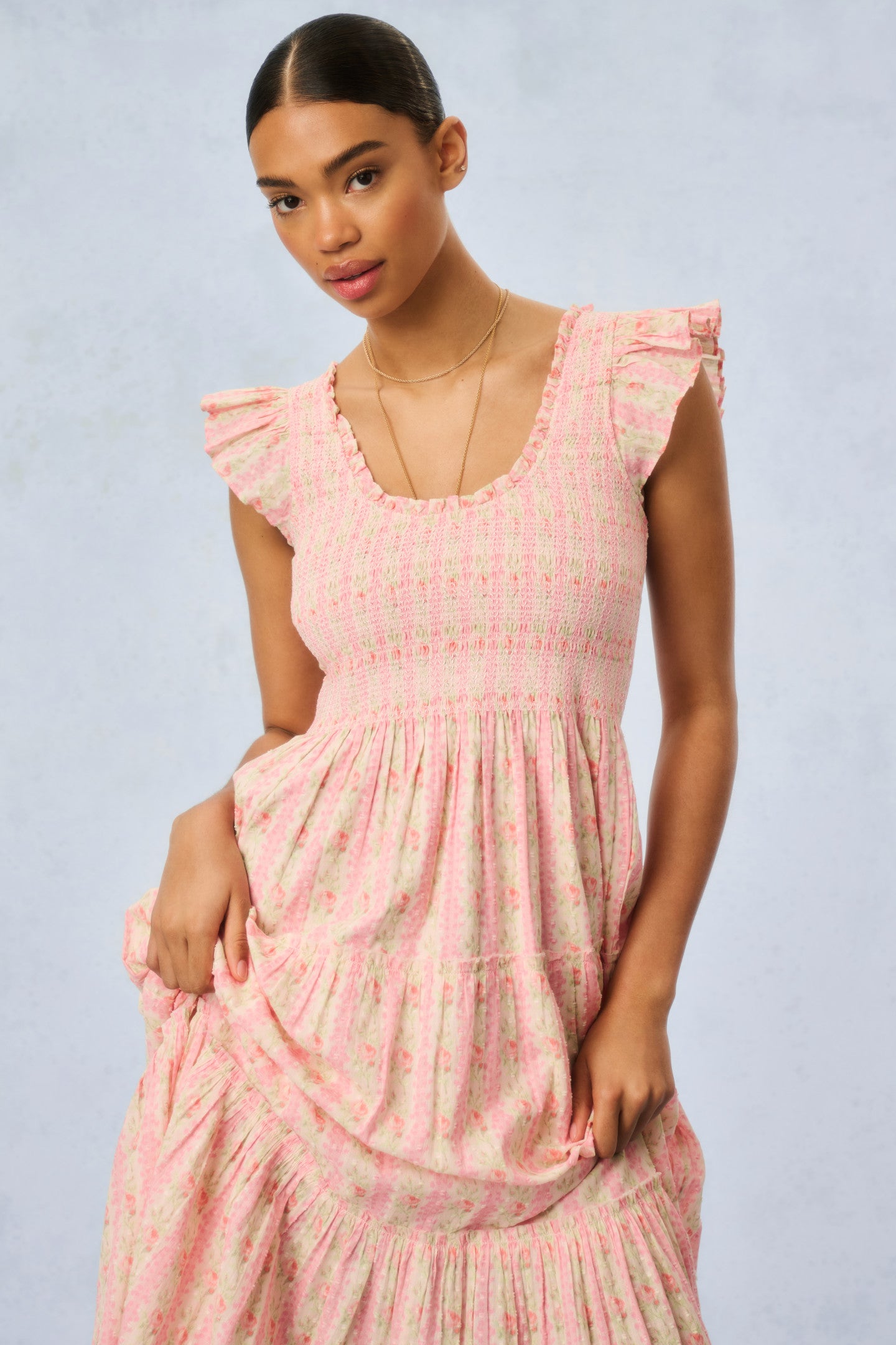 Chessie Fragrance Print Cotton Maxi Dress - STRAWBERRY MACAROON-Charming Rule