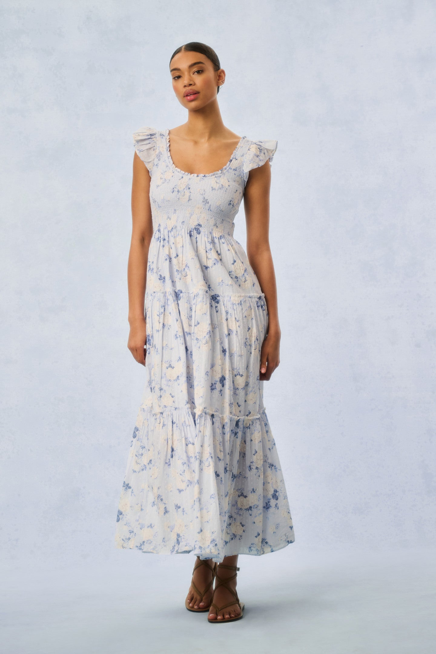 Chessie Fragrance Print Cotton Maxi Dress - WHISPER BLUE-Charming Rule