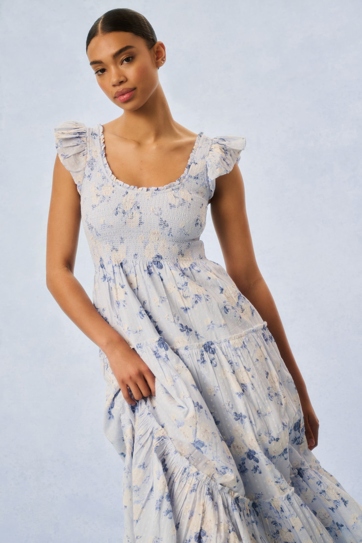 Chessie Fragrance Print Cotton Maxi Dress - WHISPER BLUE-Charming Rule