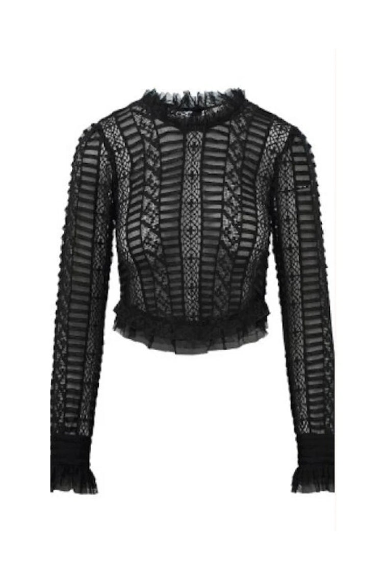 Etheline Crochet Lace Long Sleeve Top - BLACK-Charming Rule