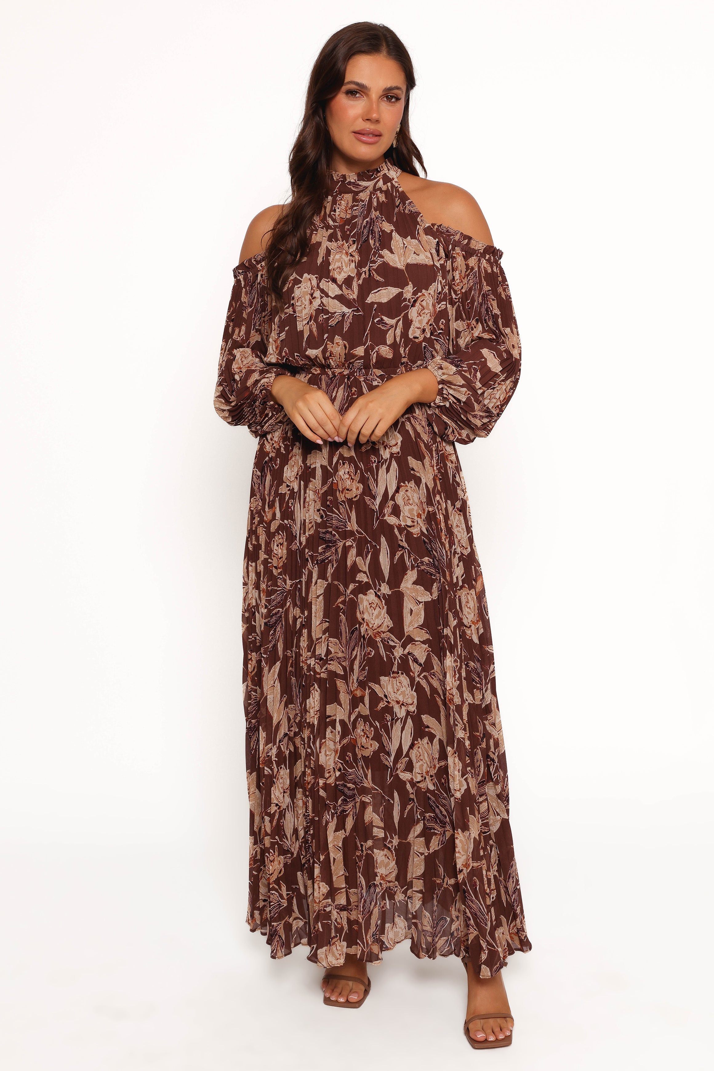 Hilary Pleated Maxi Dress - Brown Floral-Ladys Street