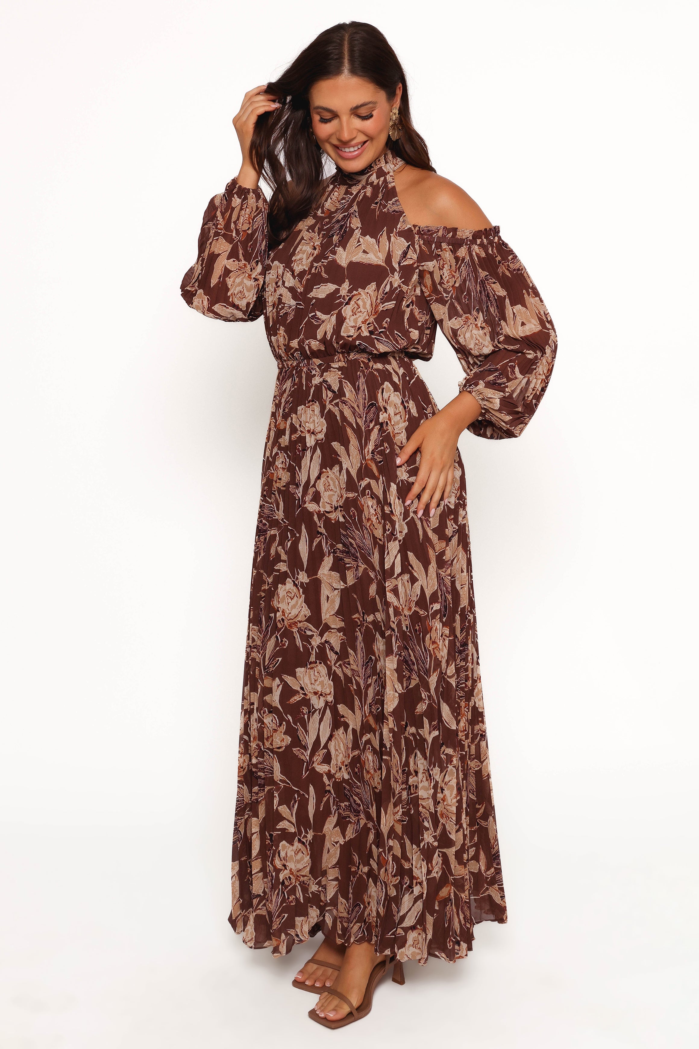 Hilary Pleated Maxi Dress - Brown Floral-Ladys Street