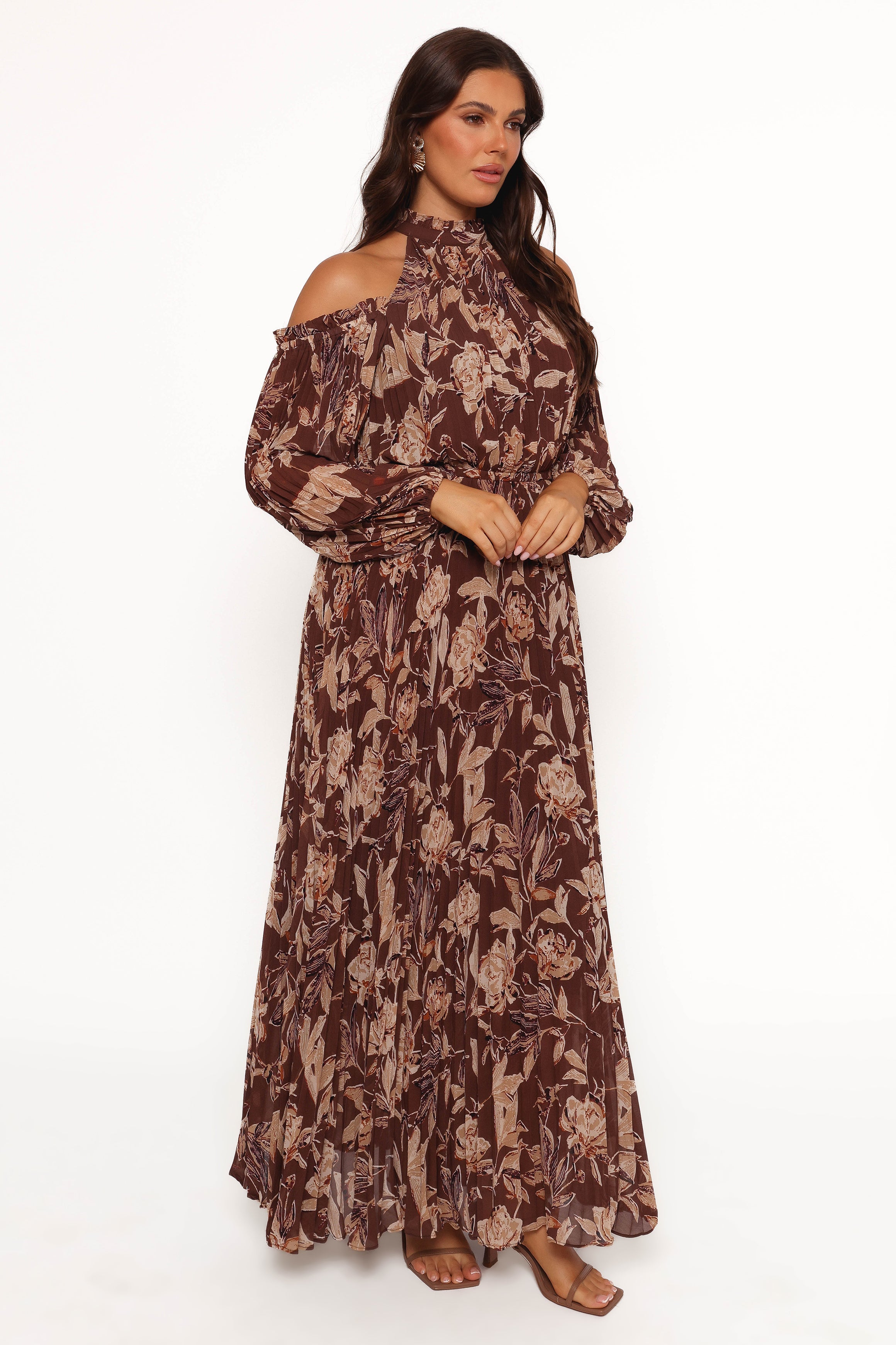 Hilary Pleated Maxi Dress - Brown Floral-Ladys Street