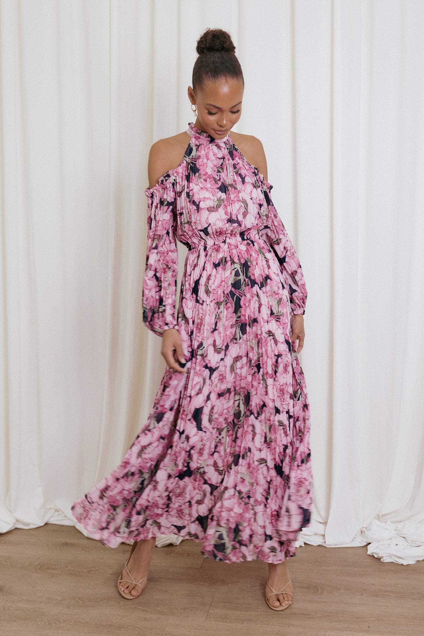 Hilary Pleated Maxi Dress - Pink Floral-Ladys Street