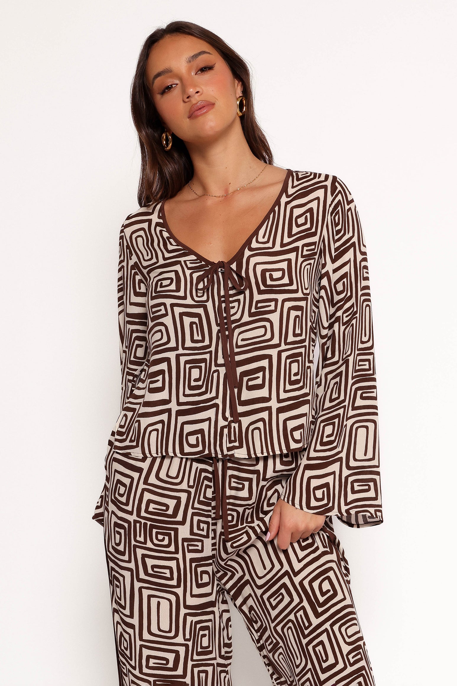 Imogen Top - Chocolate Brown Print-Ladys Street