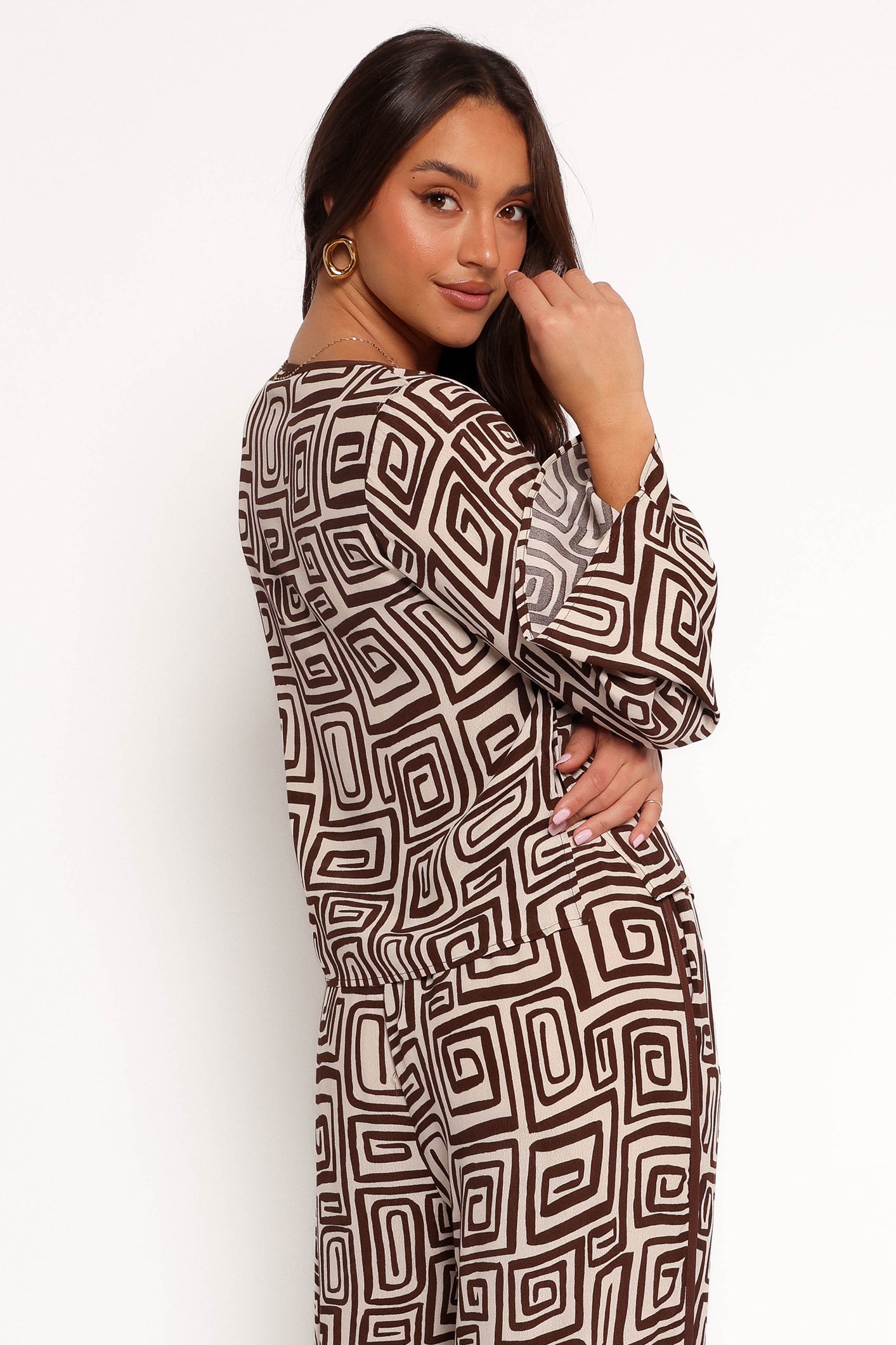 Imogen Top - Chocolate Brown Print-Ladys Street