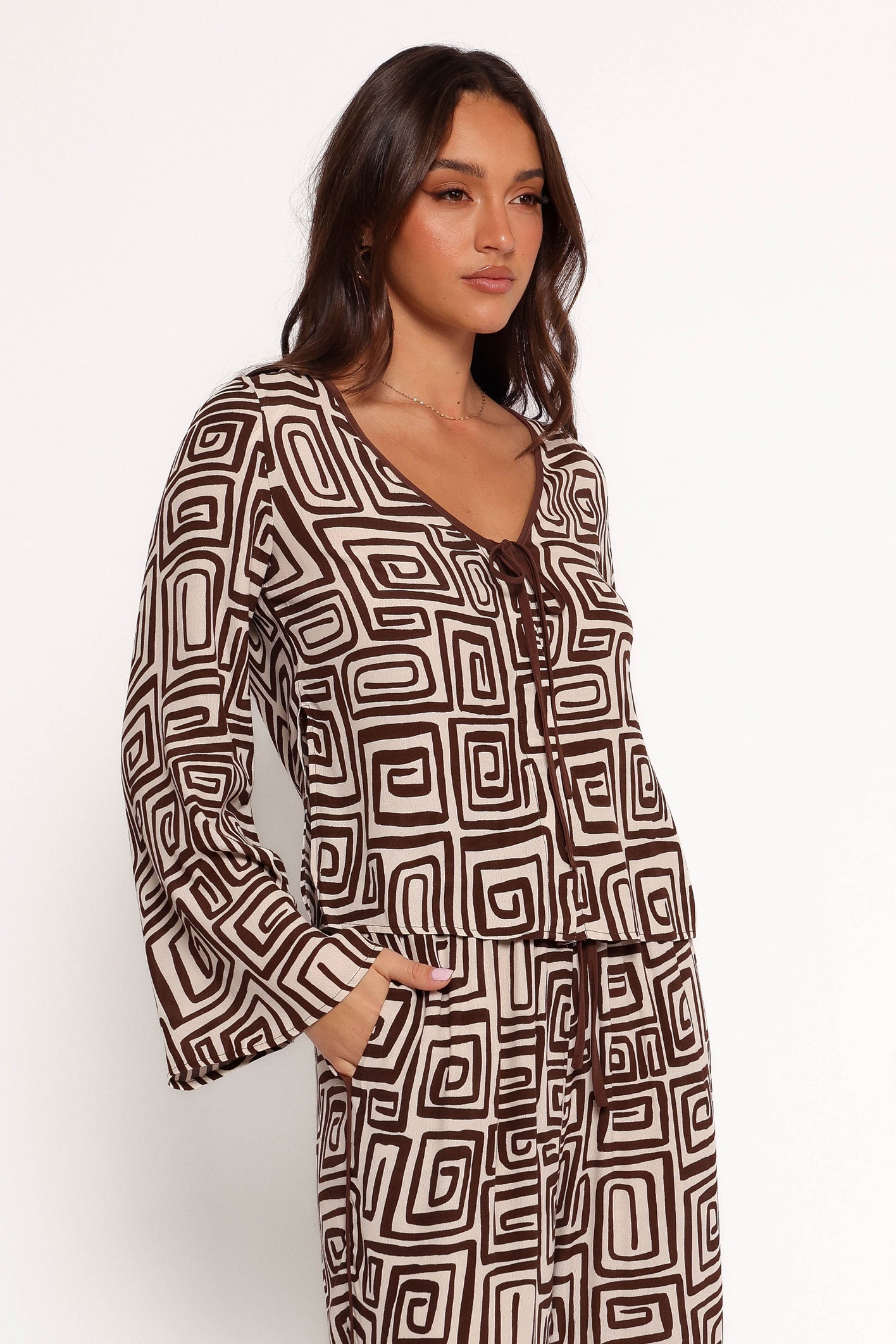 Imogen Top - Chocolate Brown Print-Ladys Street
