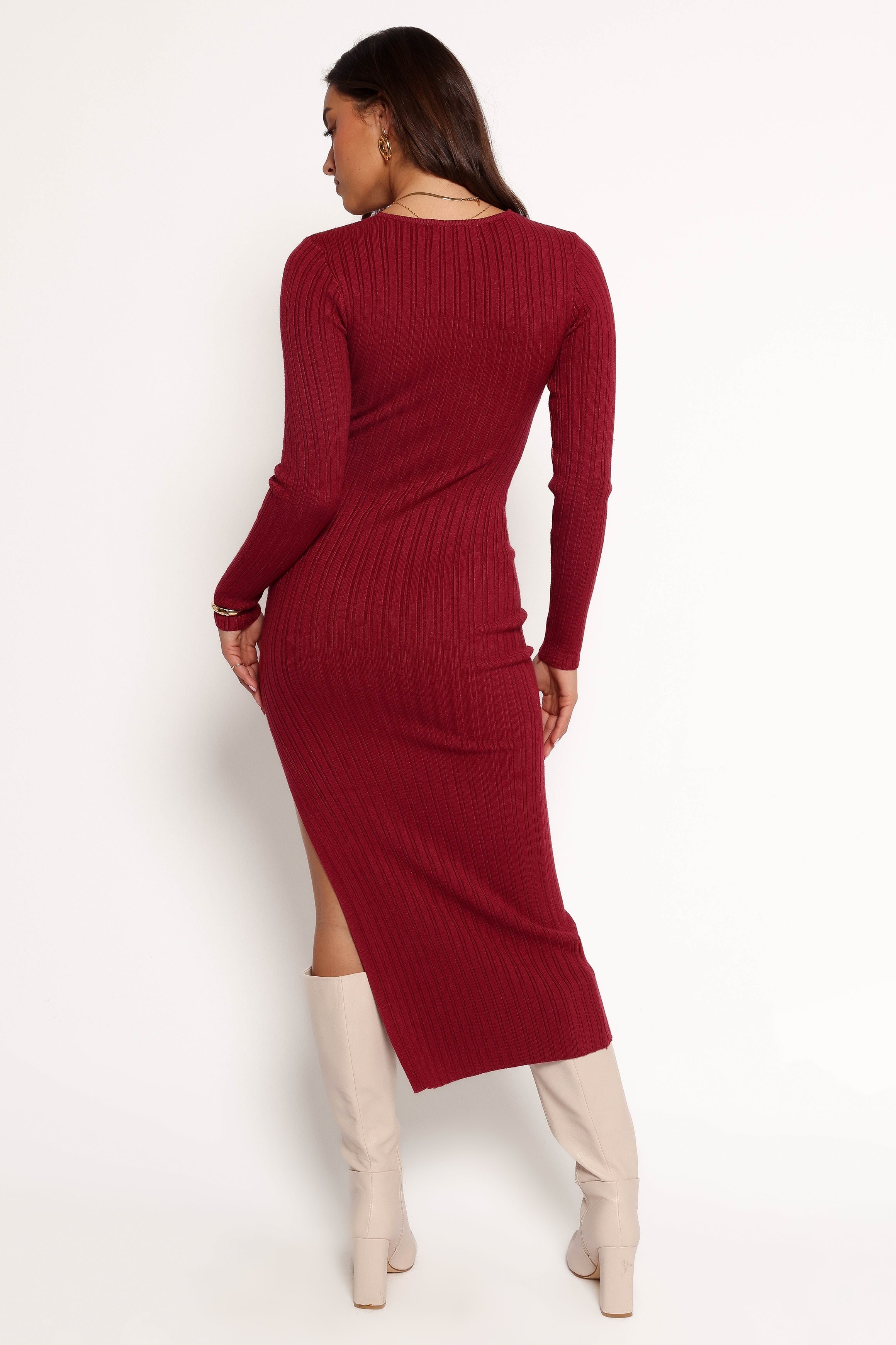 Irene Long Sleeve Midi Dress - Wine-Ladys Street