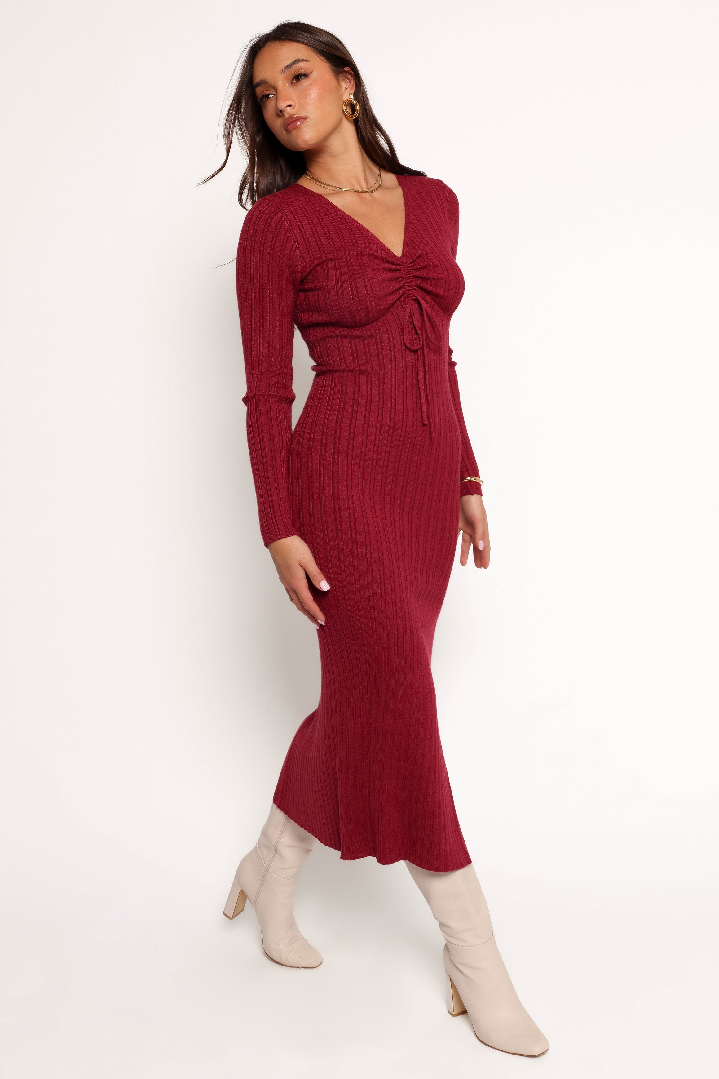Irene Long Sleeve Midi Dress - Wine-Ladys Street