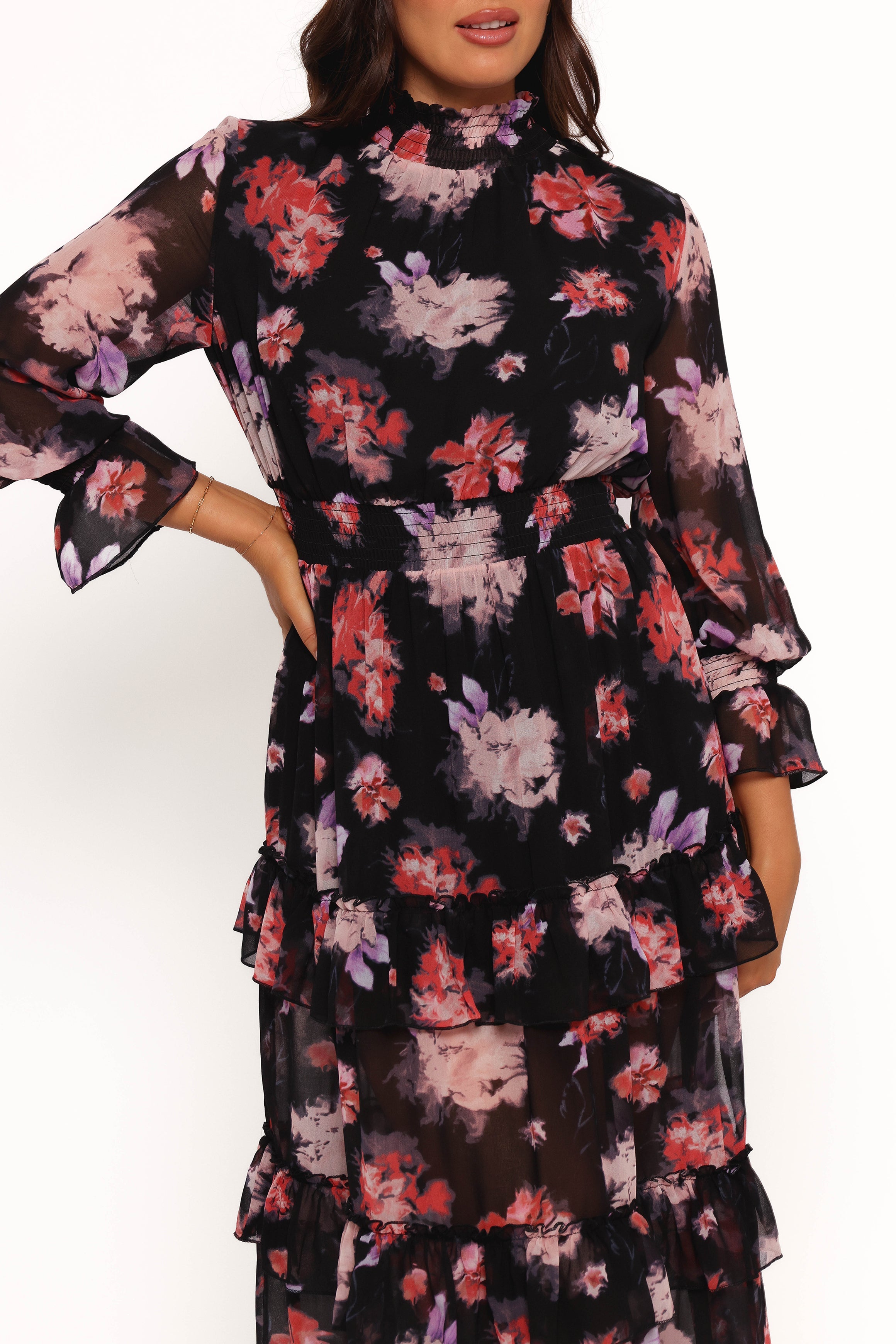 Isadora Long Sleeve Maxi Dress - Black Blurred Floral-Ladys Street