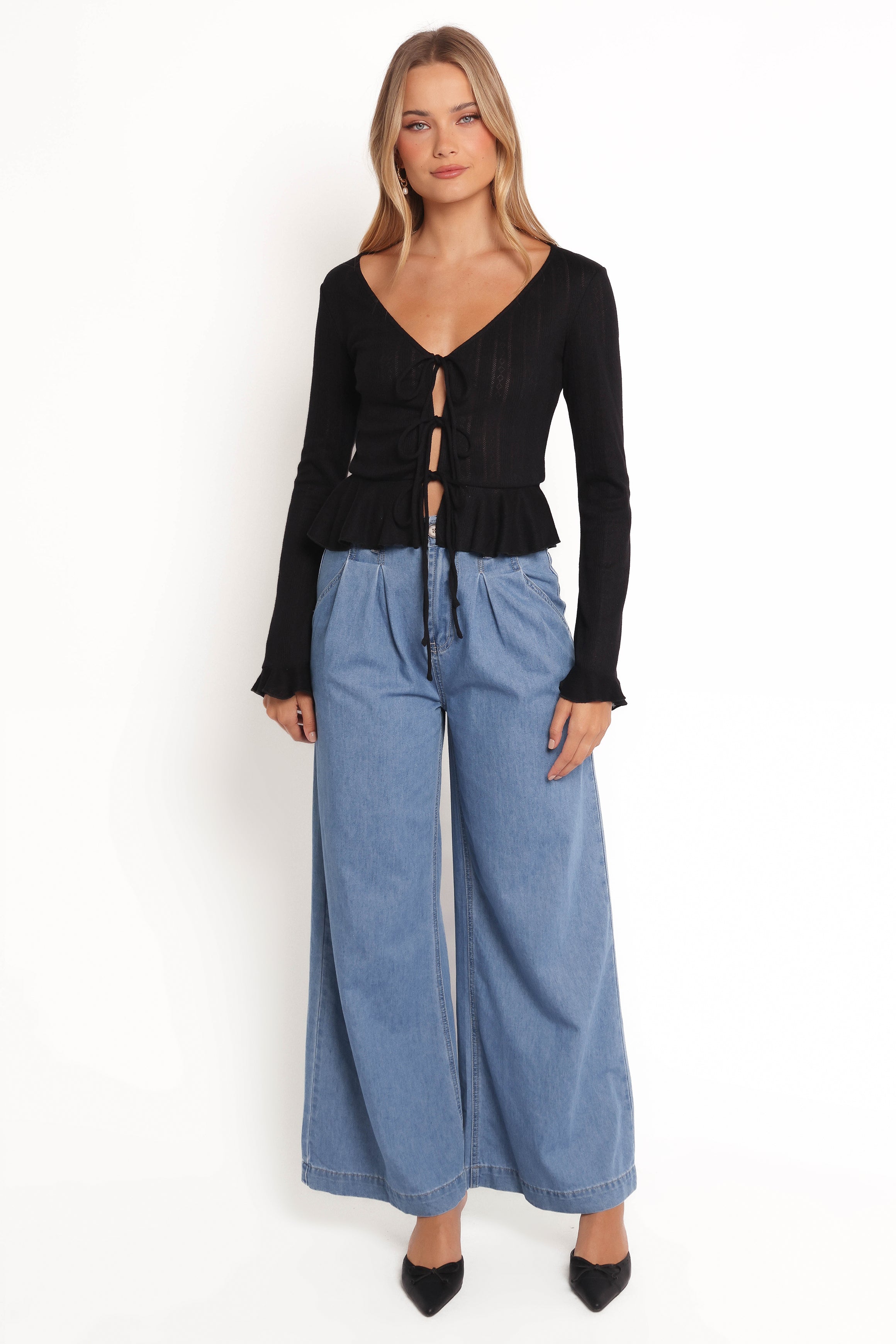 Islah Pointelle Cardigan Top - Black-Ladys Street