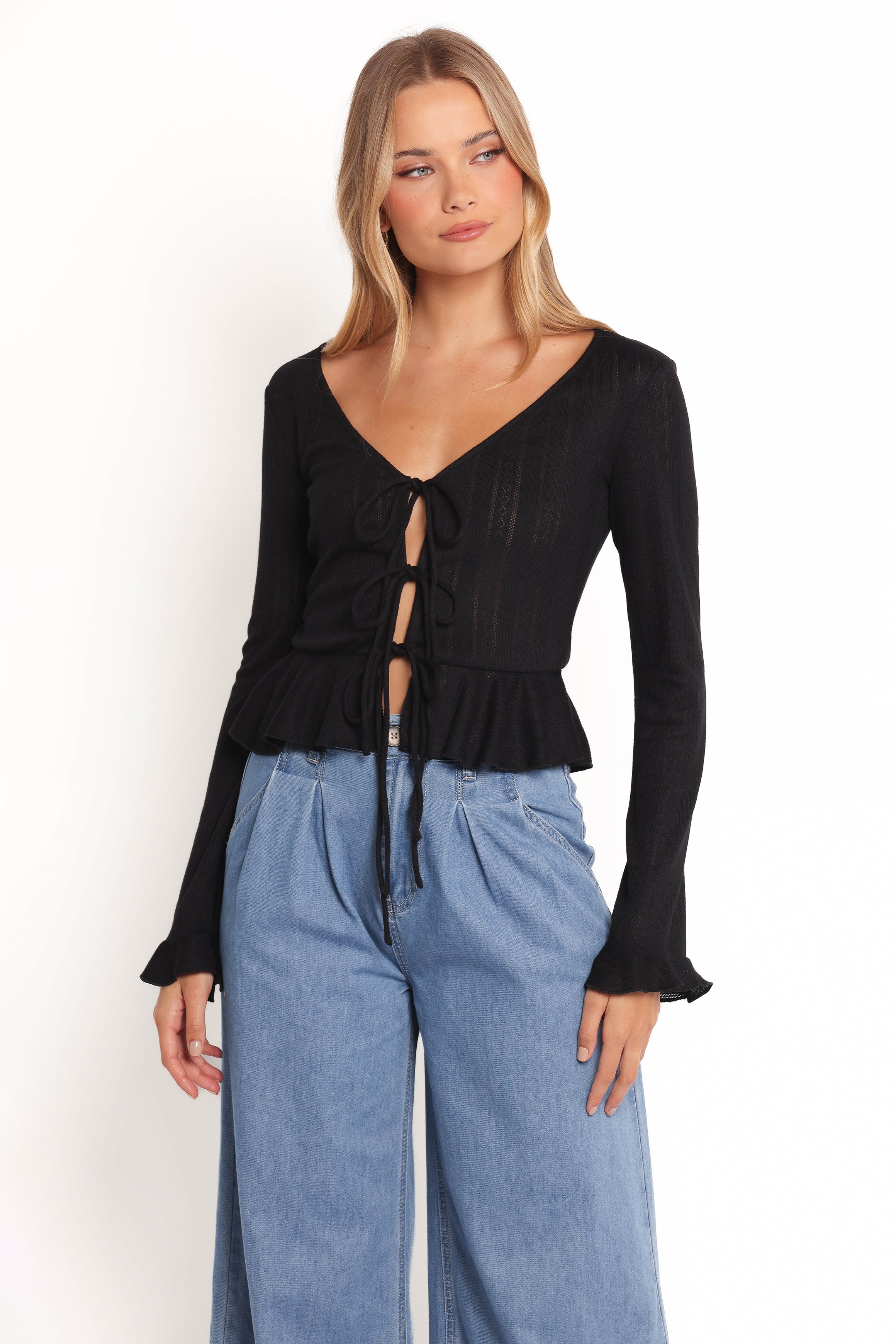 Islah Pointelle Cardigan Top - Black-Ladys Street