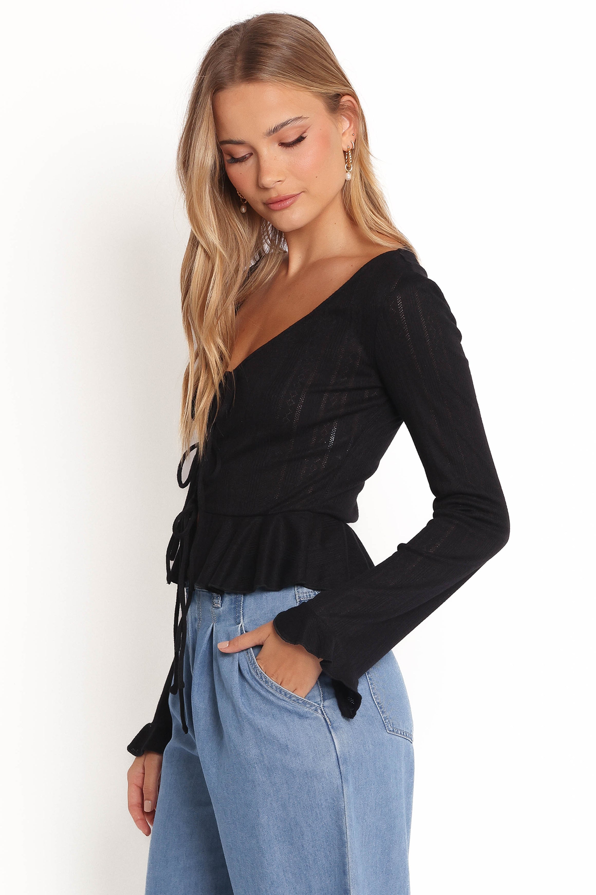 Islah Pointelle Cardigan Top - Black-Ladys Street