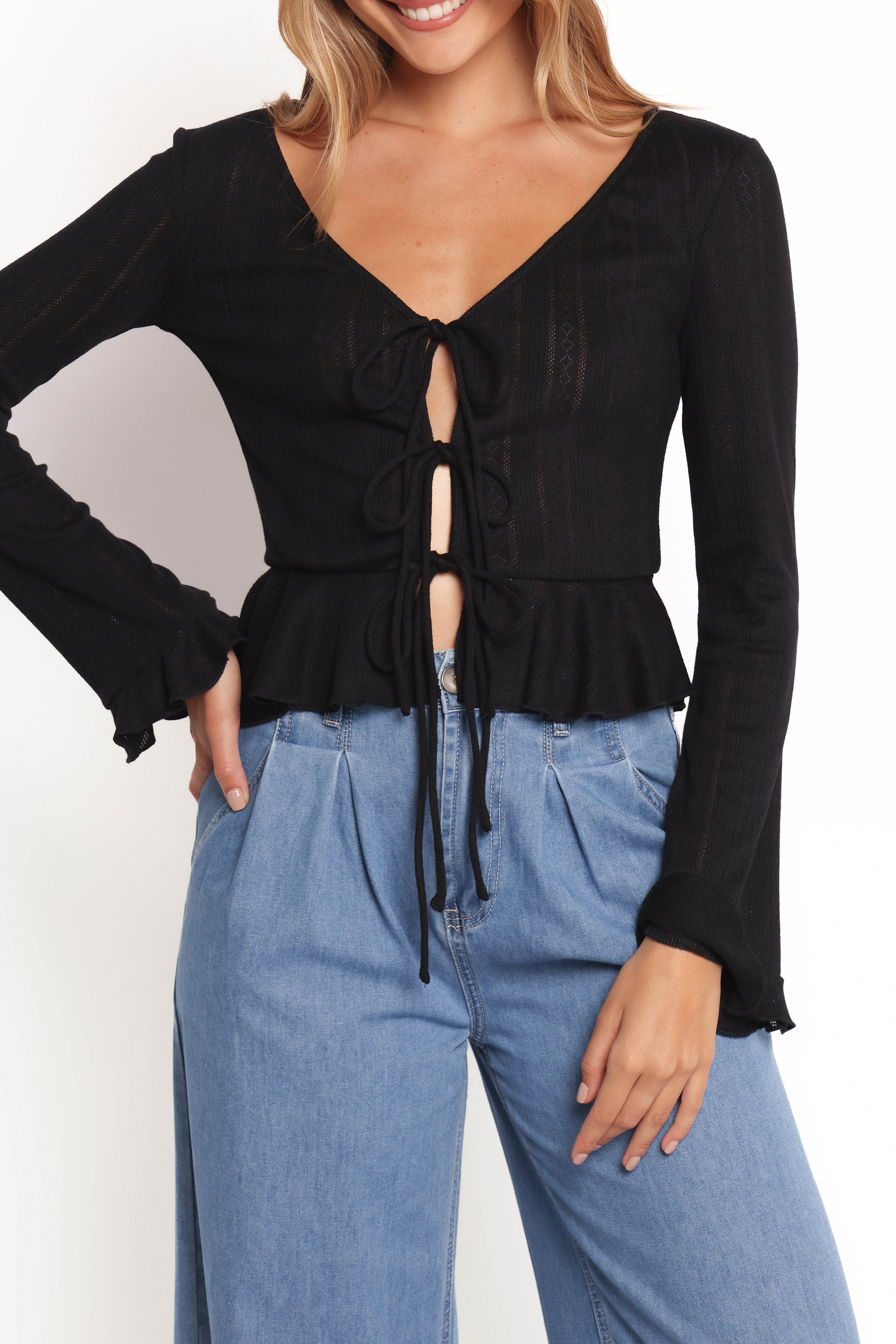 Islah Pointelle Cardigan Top - Black-Ladys Street