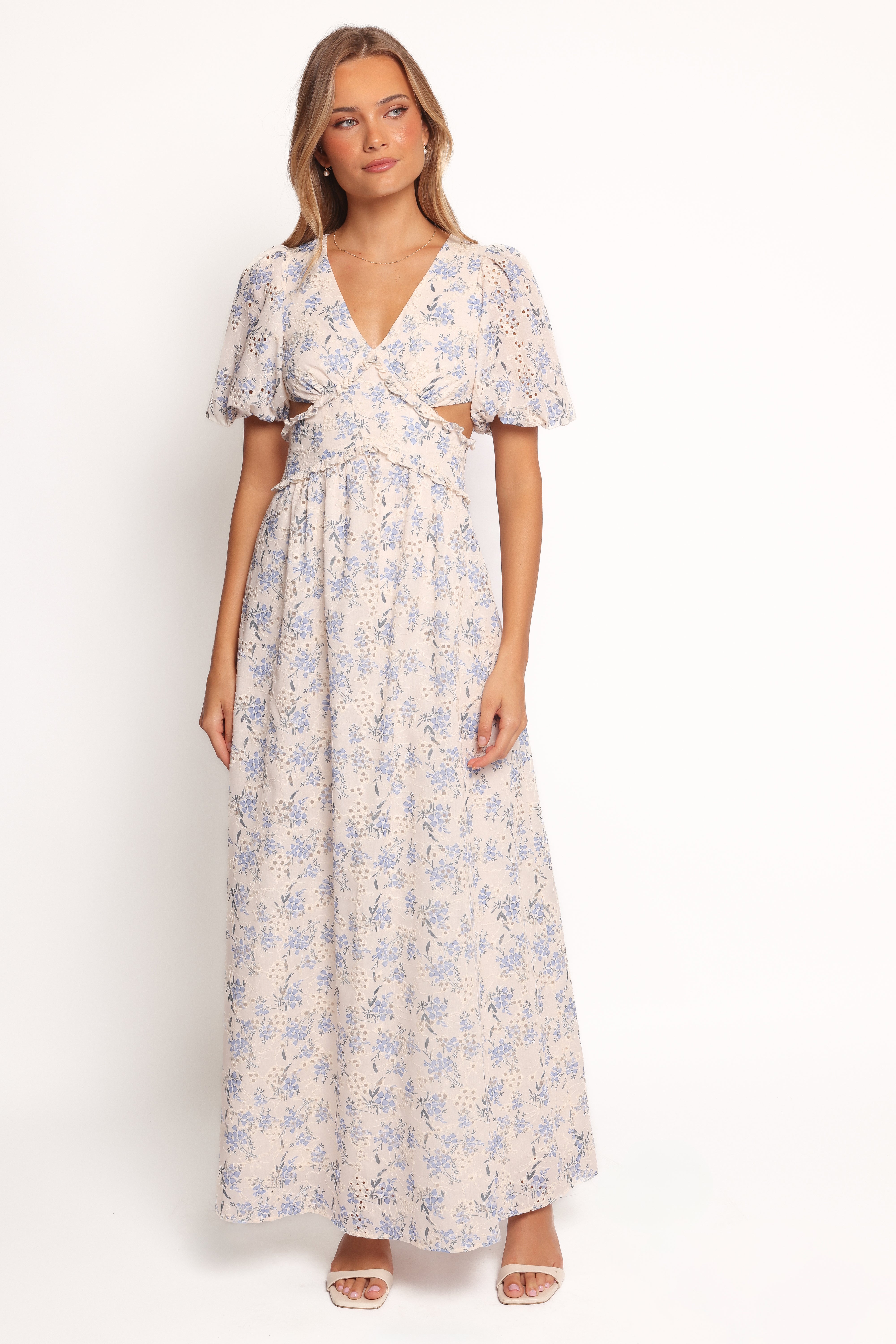 Jemima Puff Shoulder Maxi Dress - Blue Floral-Ladys Street