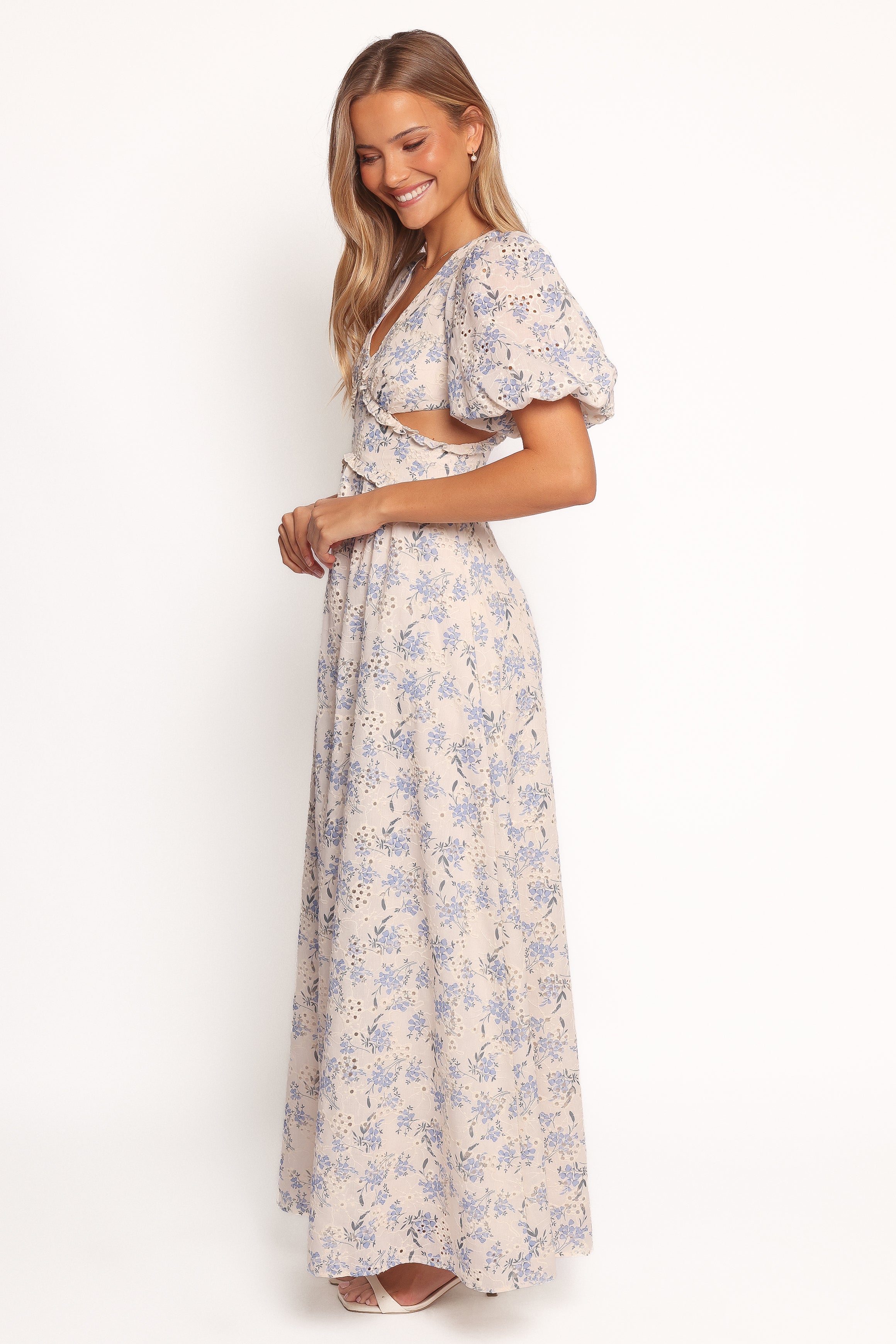 Jemima Puff Shoulder Maxi Dress - Blue Floral-Ladys Street