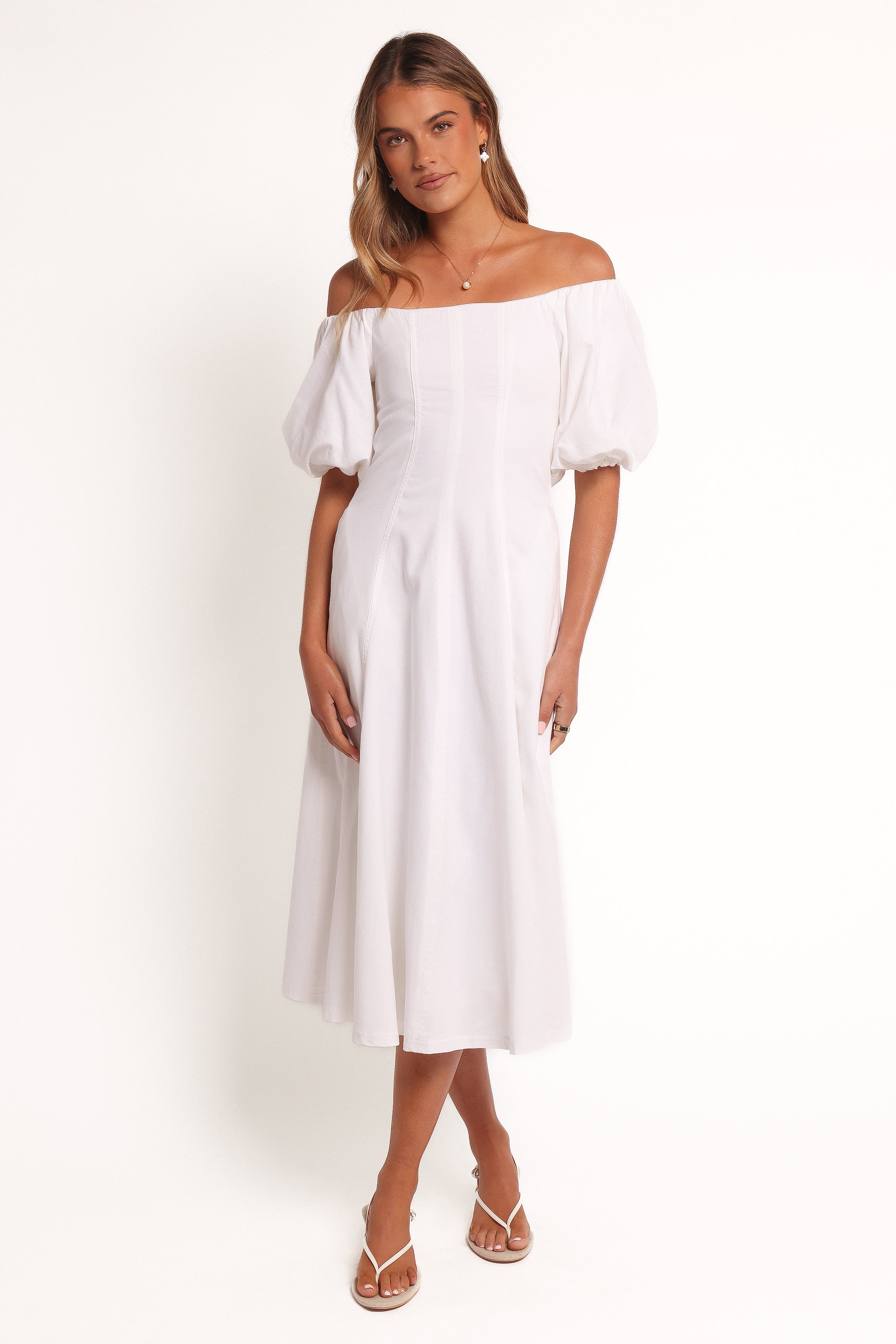Jensen Off Shoulder Midi Dress - Ivory-Ladys Street