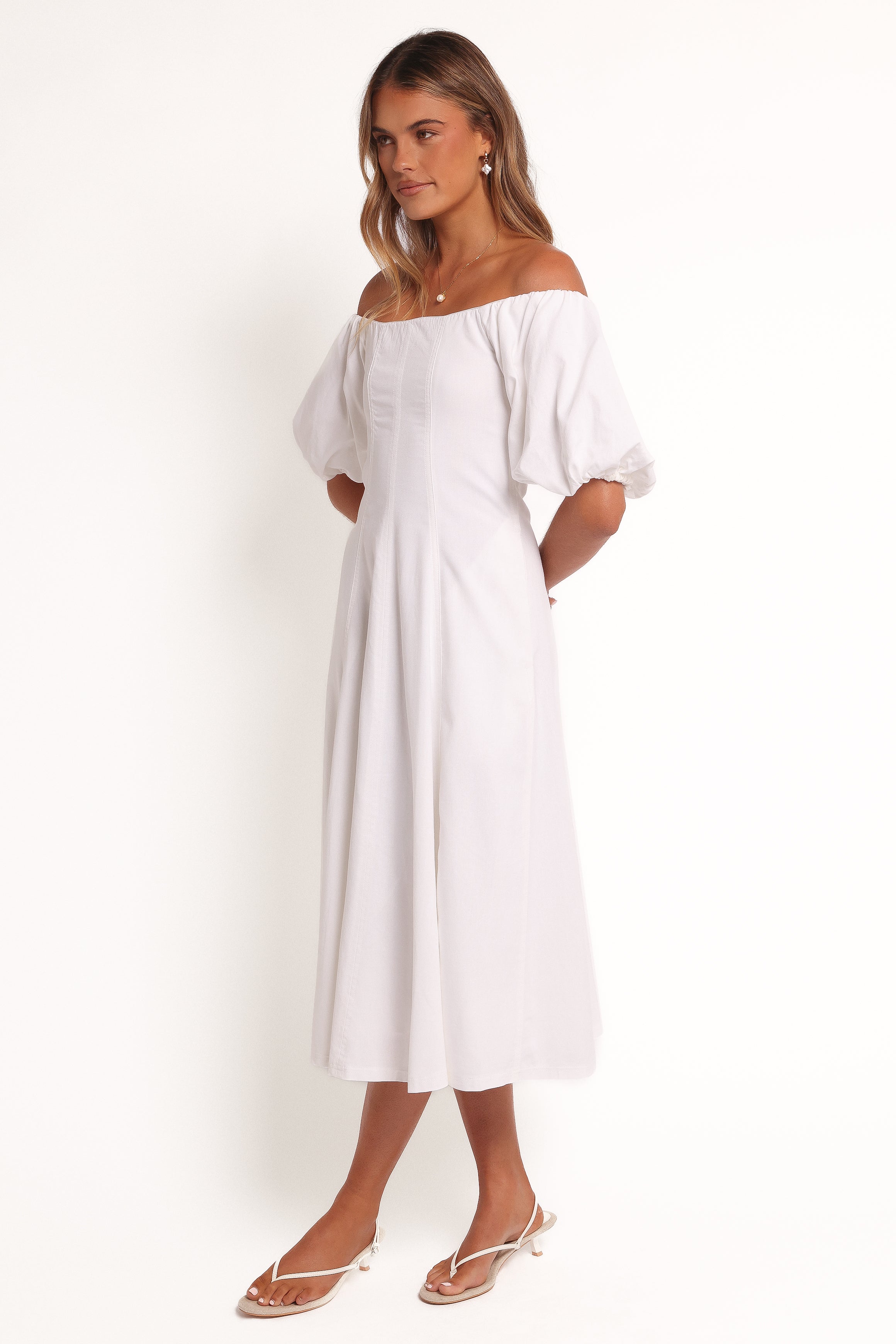 Jensen Off Shoulder Midi Dress - Ivory-Ladys Street