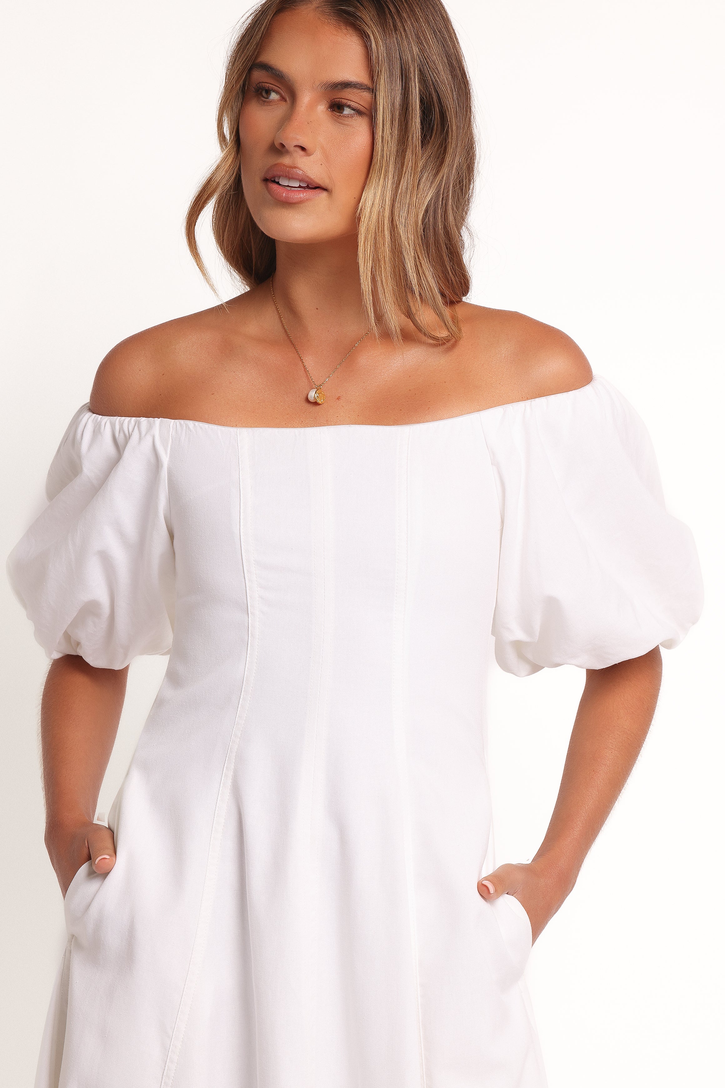 Jensen Off Shoulder Midi Dress - Ivory-Ladys Street