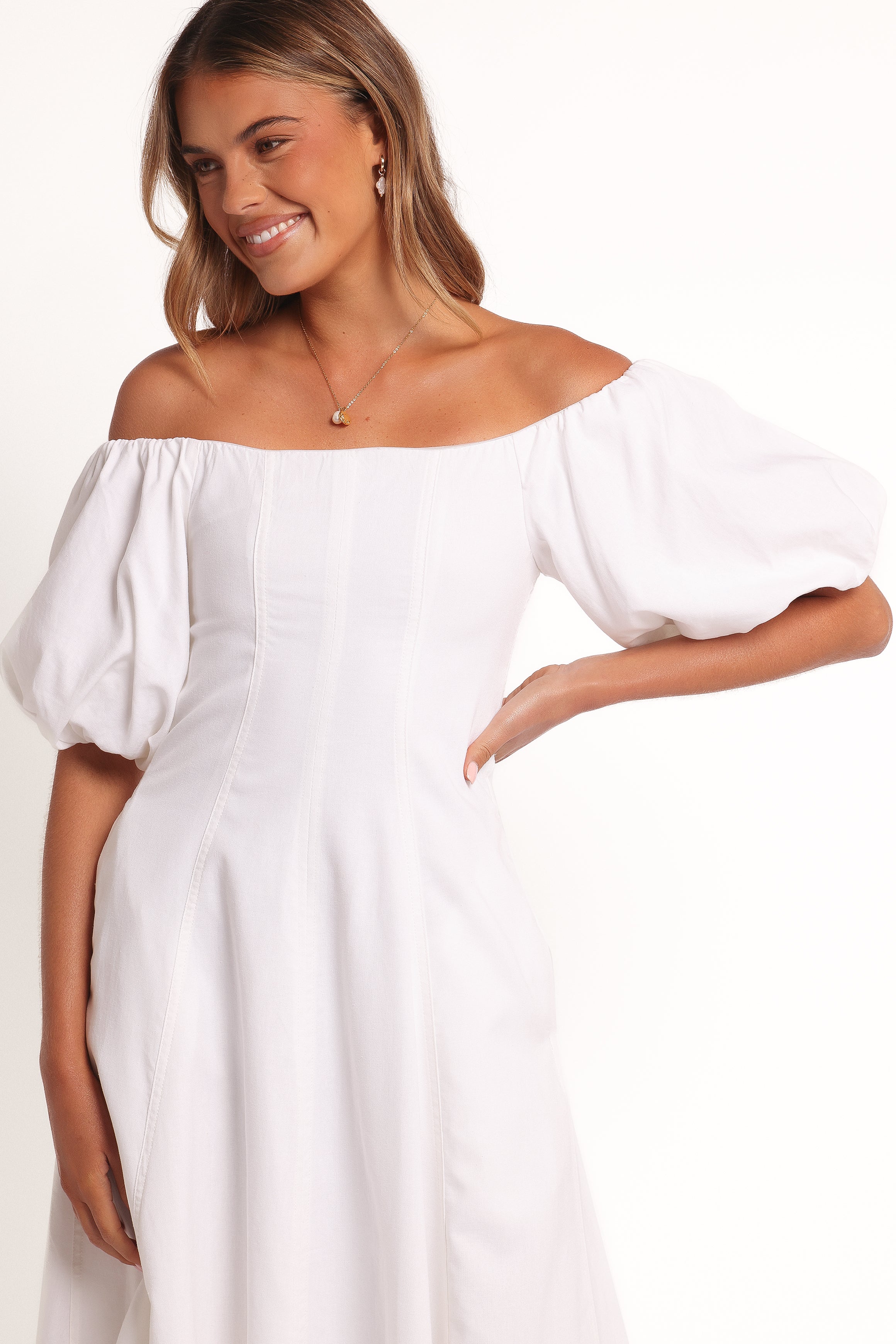 Jensen Off Shoulder Midi Dress - Ivory-Ladys Street