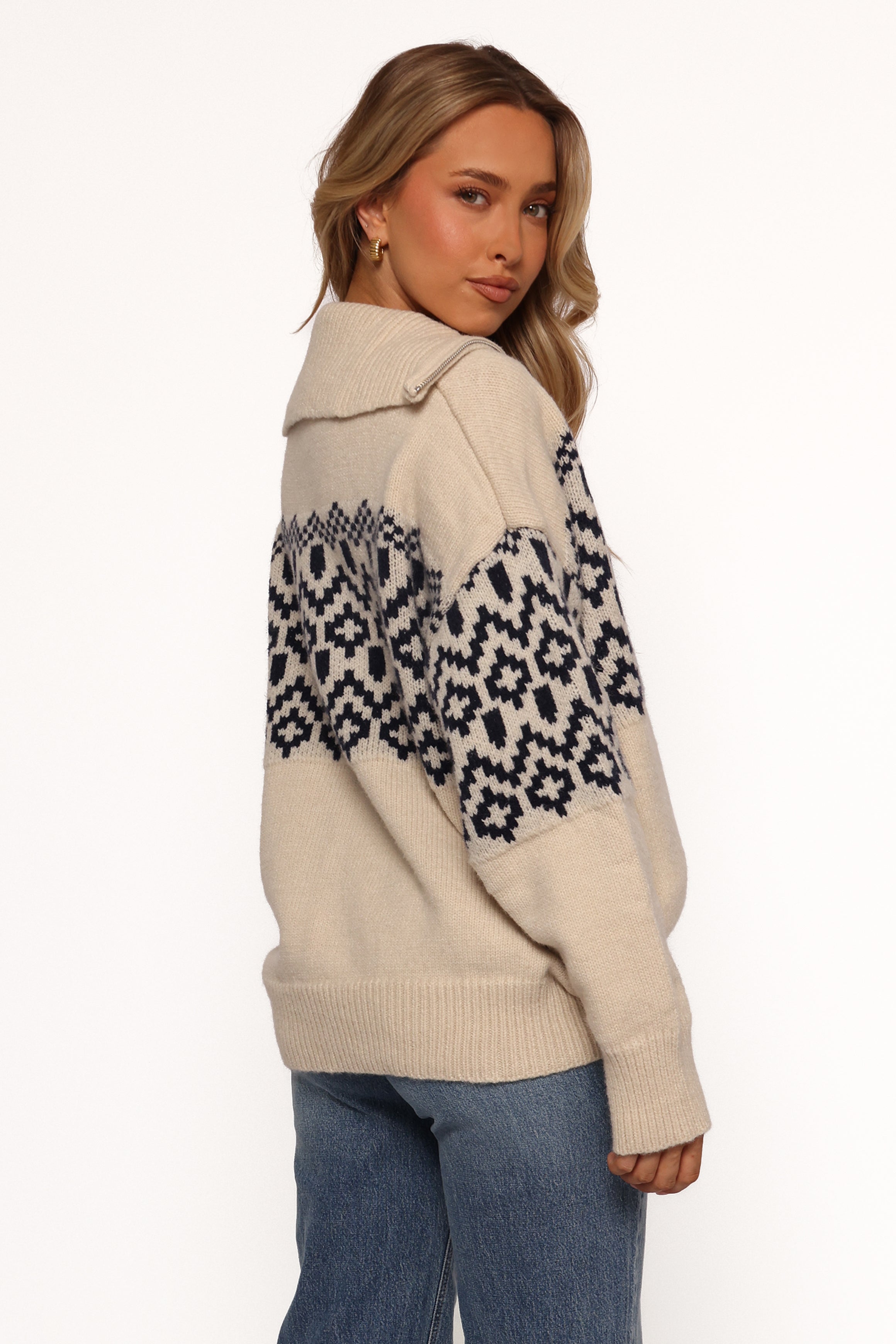Jethro Quarter Zip Fairisle Knit Sweater - Cream/Navy-Ladys Street