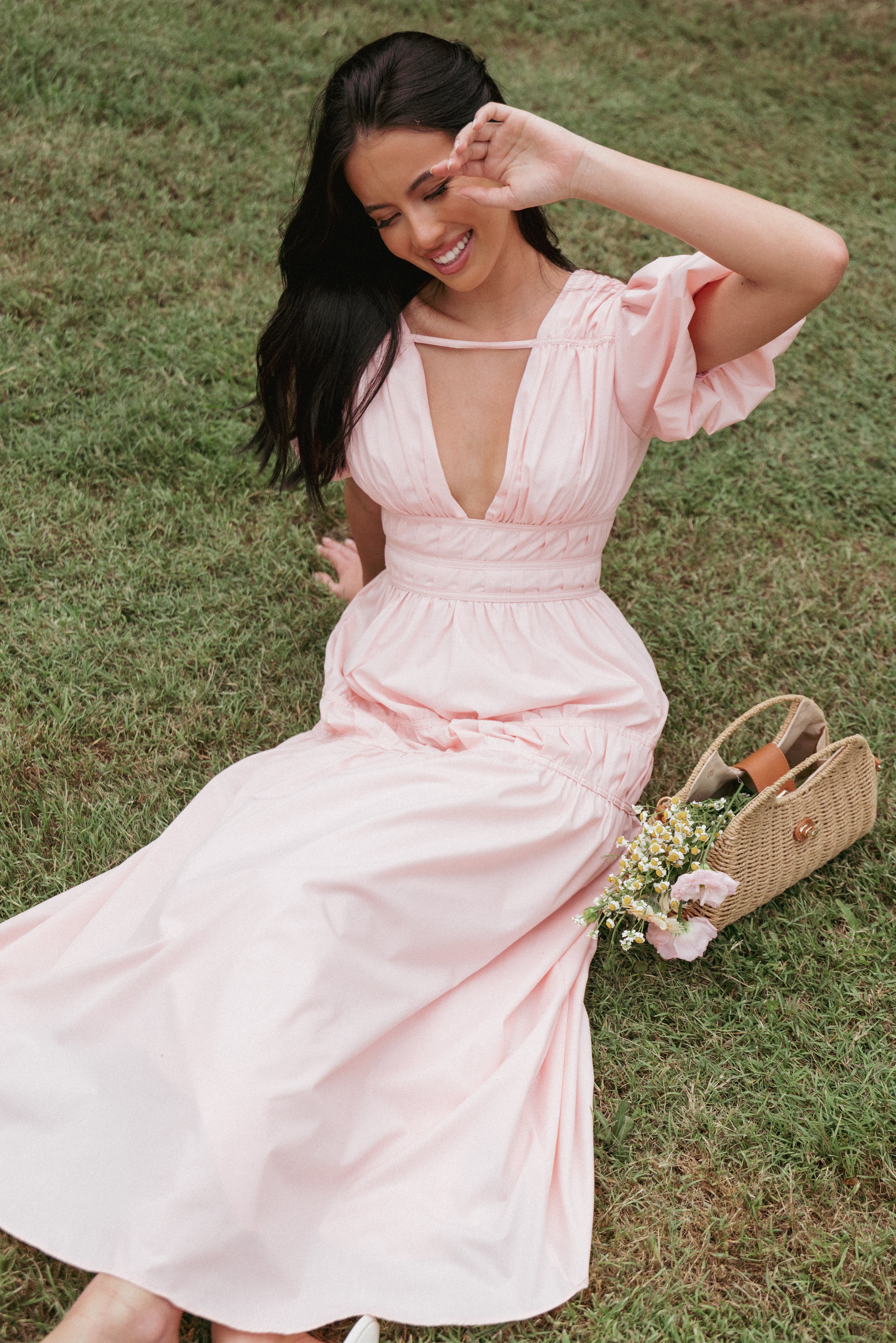 Joedy Puff Sleeve Midi Dress - Pale Pink-Ladys Street