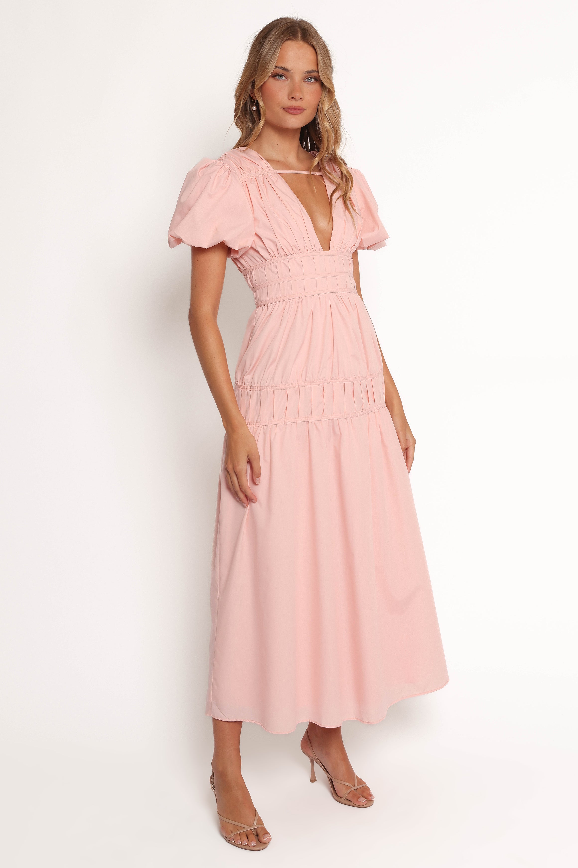 Joedy Puff Sleeve Midi Dress - Pale Pink-Ladys Street