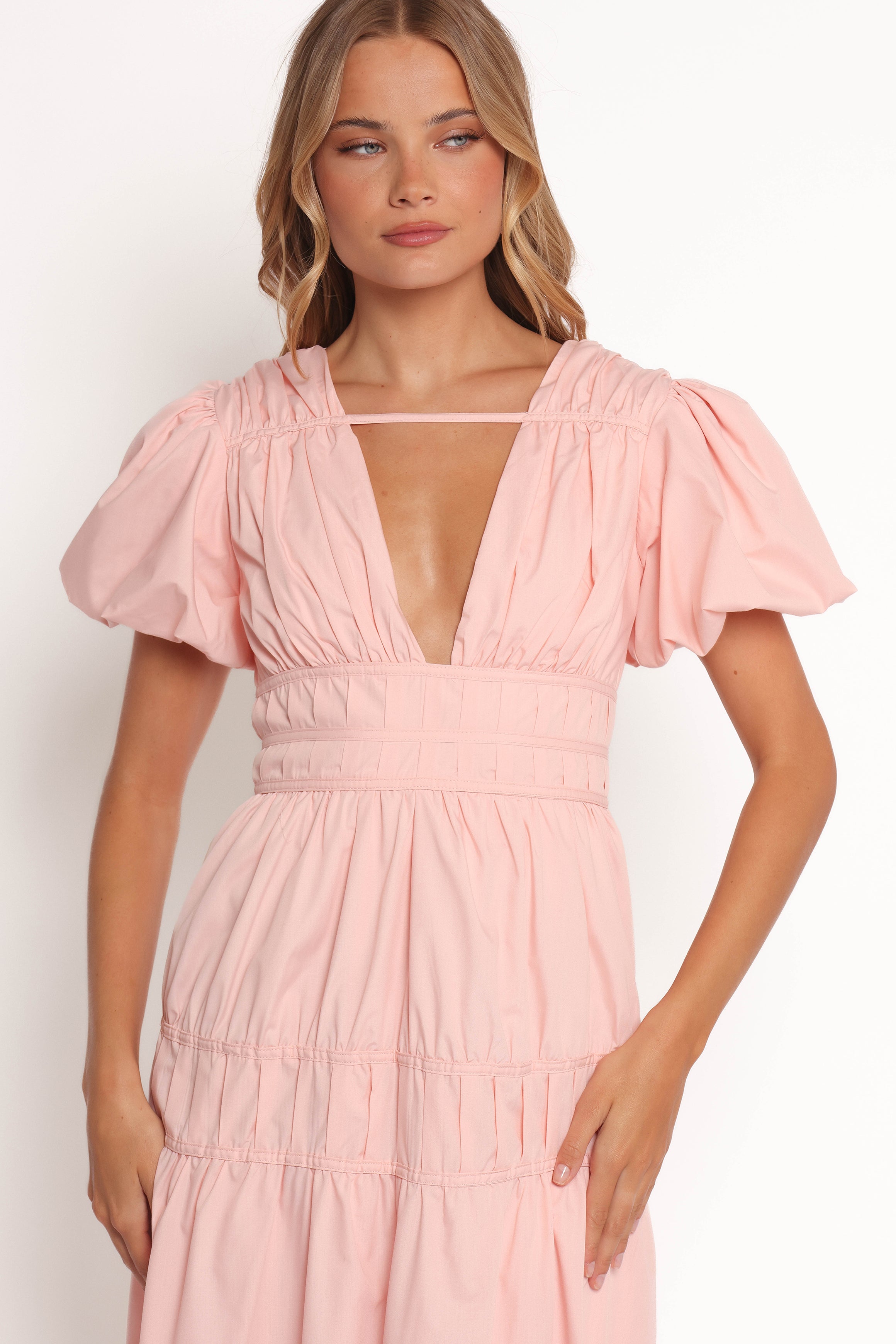 Joedy Puff Sleeve Midi Dress - Pale Pink-Ladys Street