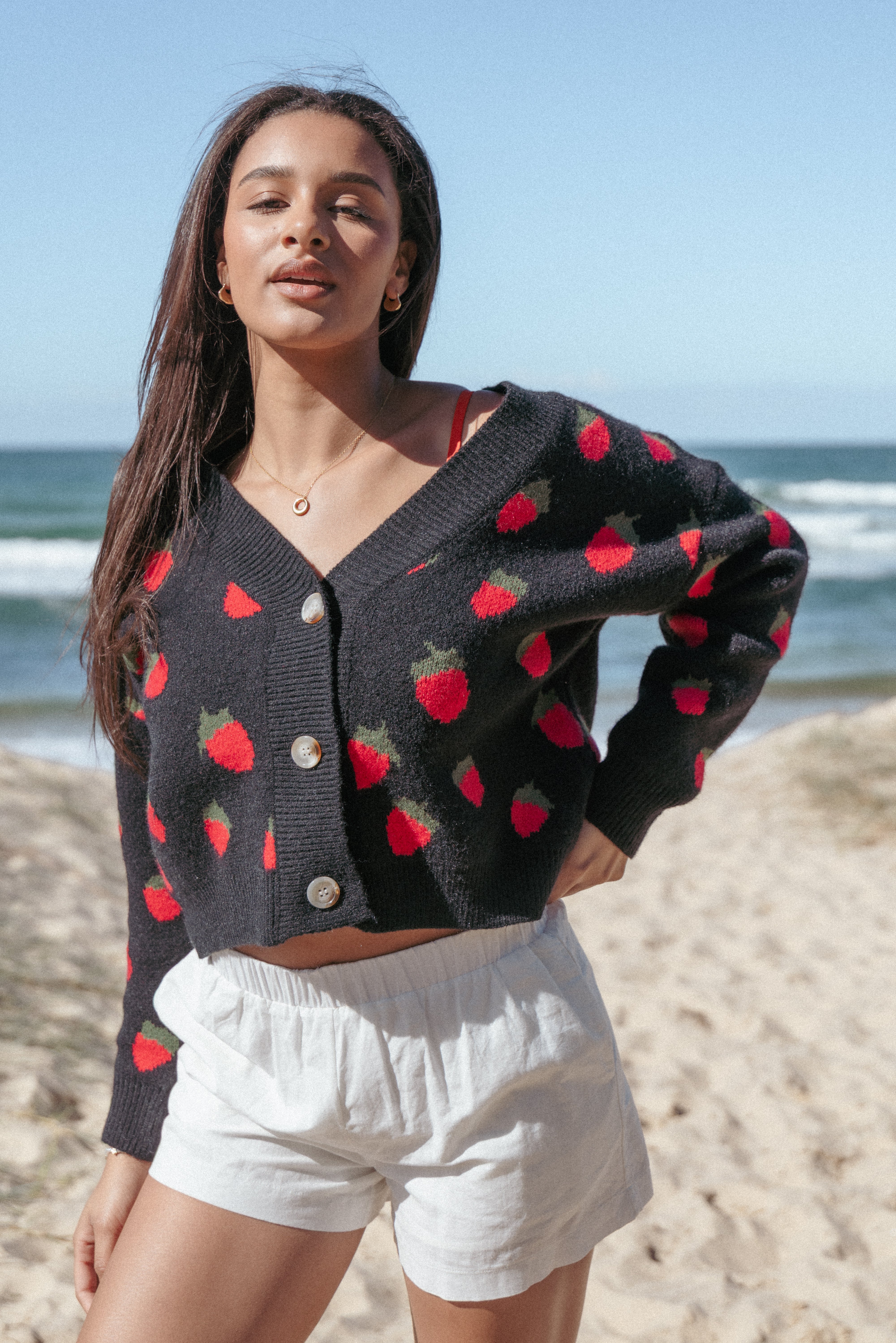 Judson Strawberry Knit Cardigan - Black-Ladys Street