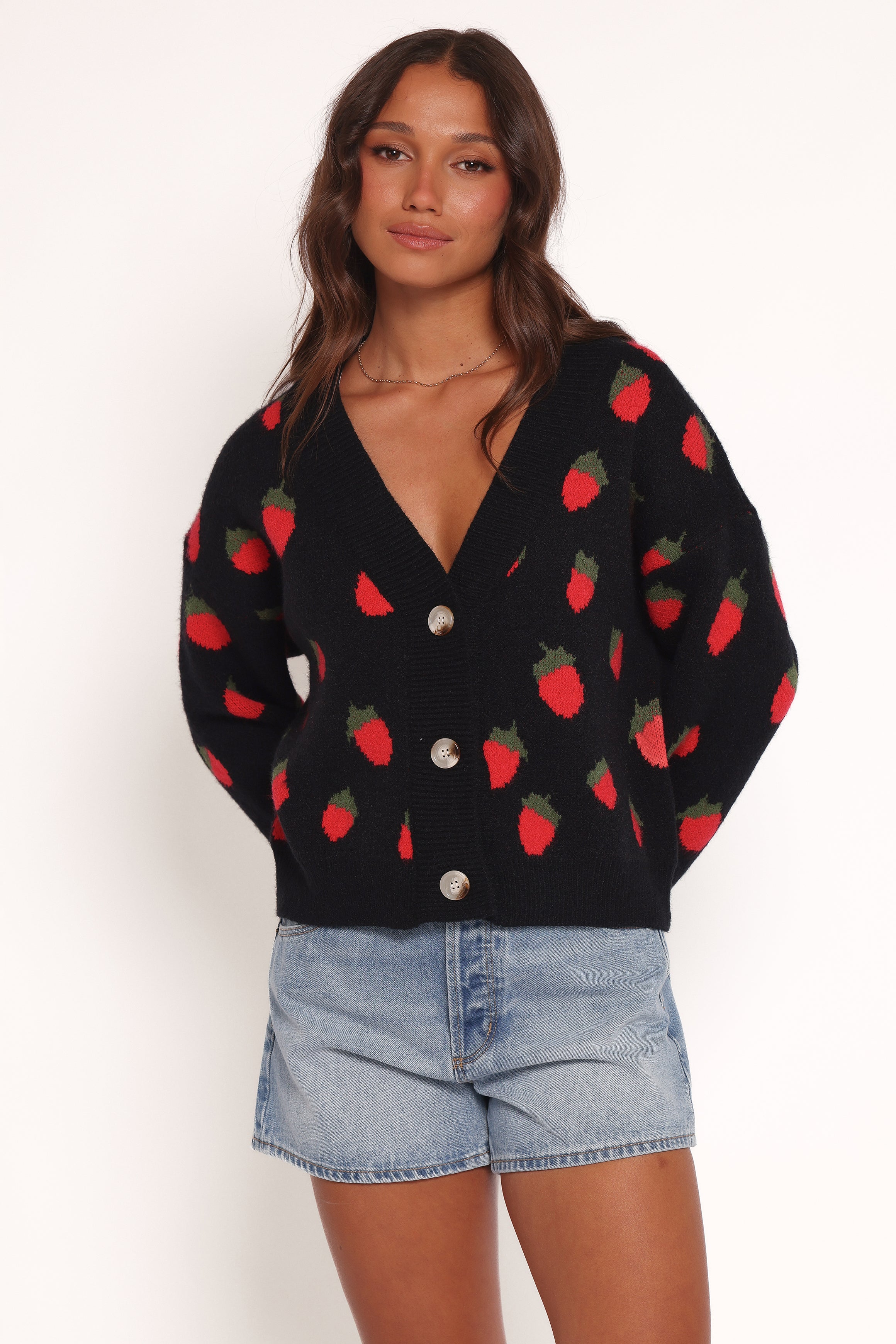 Judson Strawberry Knit Cardigan - Black-Ladys Street