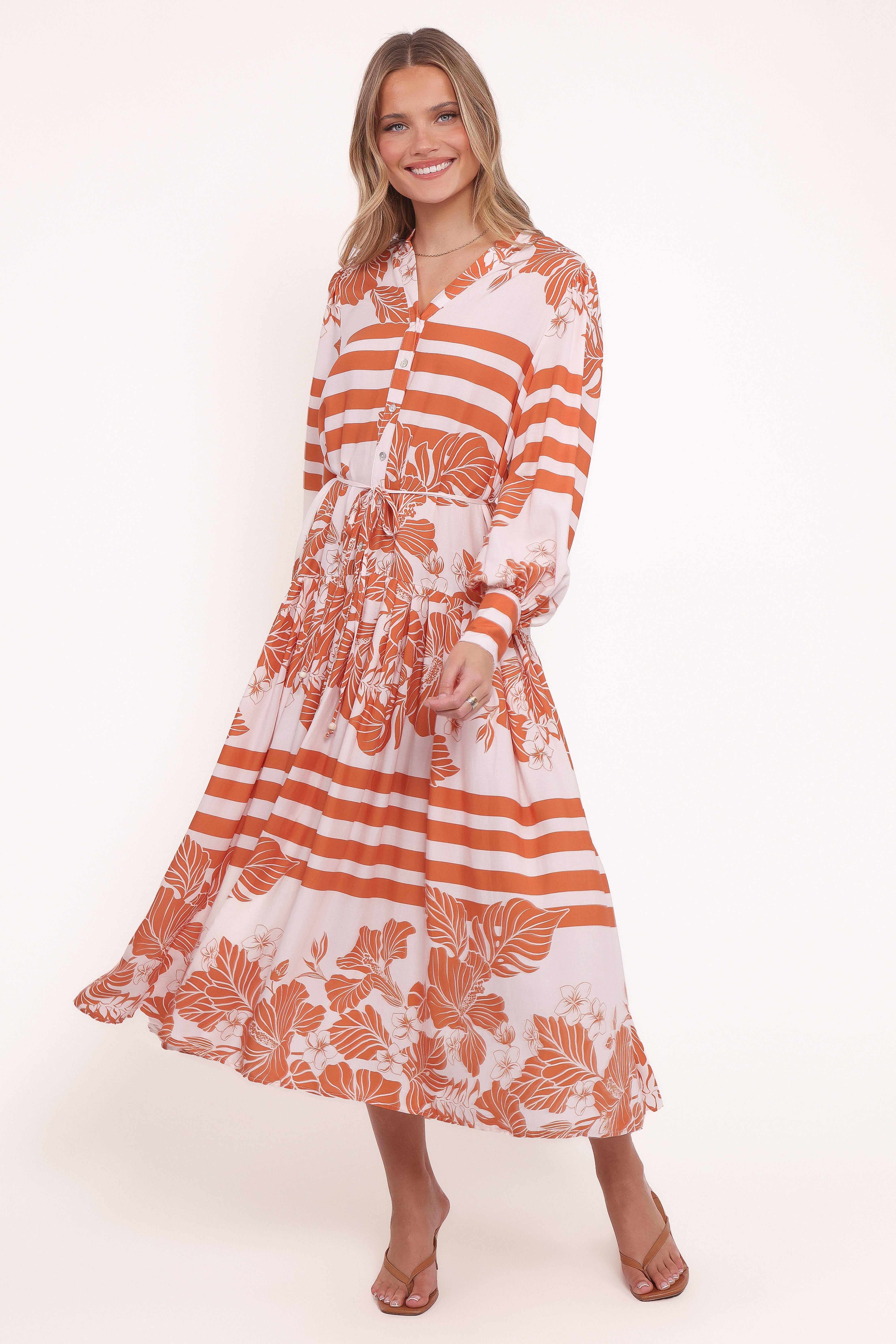 Jules Long Sleeve Dress - White/Orange-Ladys Street