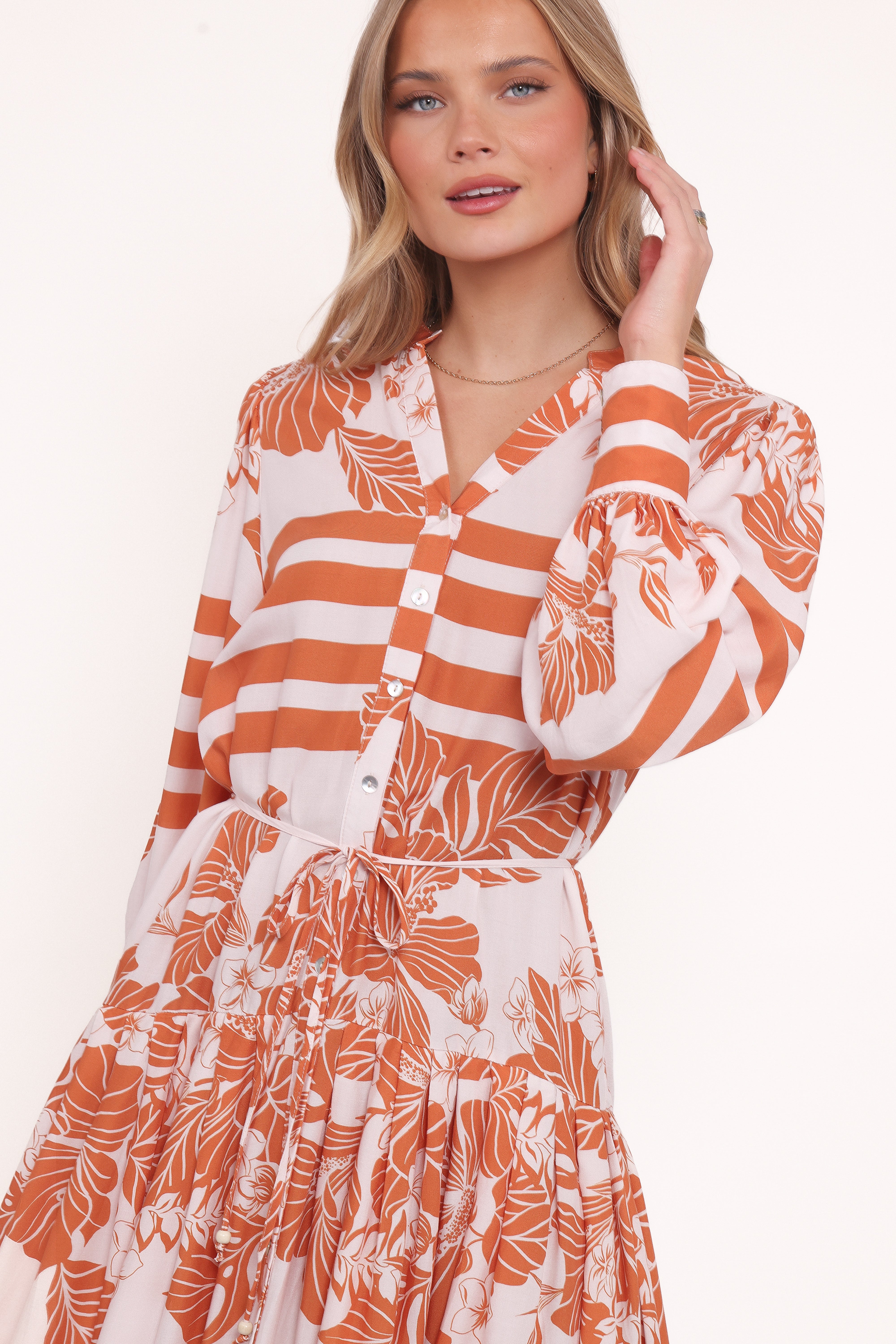 Jules Long Sleeve Dress - White/Orange-Ladys Street