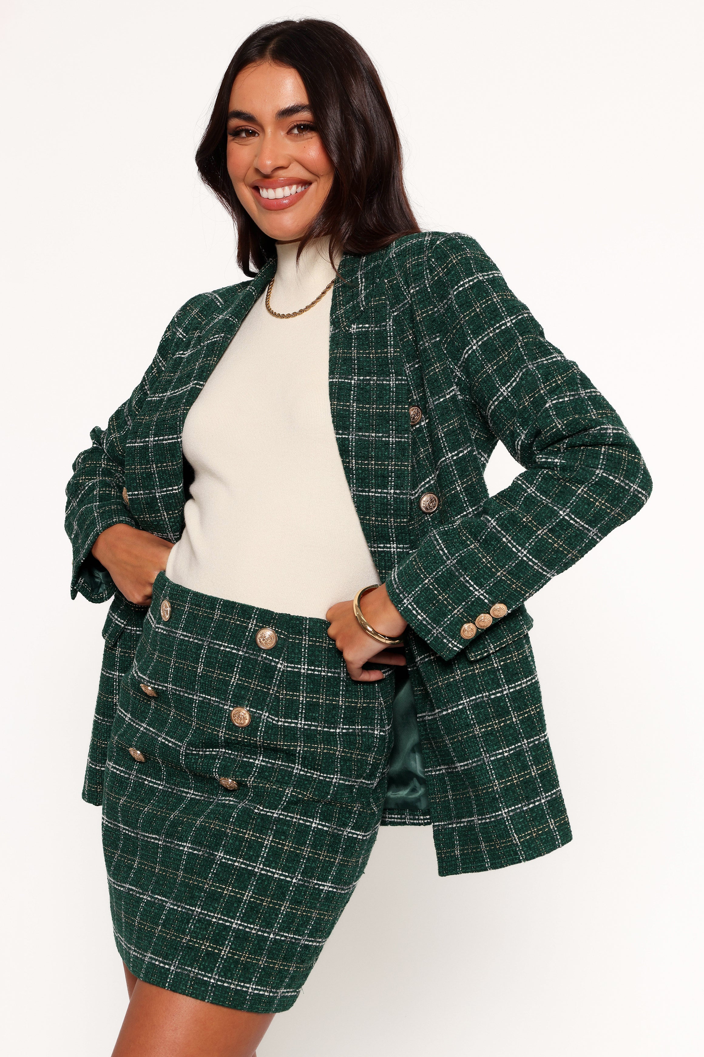Jules Twill Plaid Blazer - Green-Ladys Street