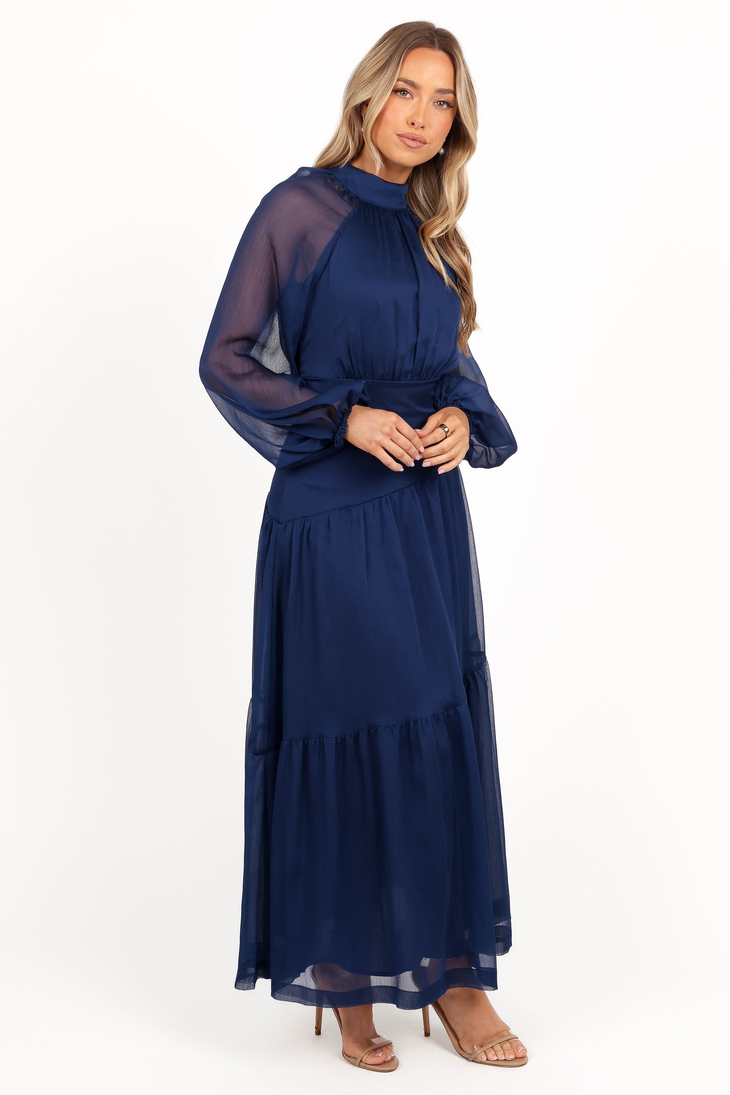 Julip Sheer Long Sleeve Maxi Dress - Navy-Ladys Street