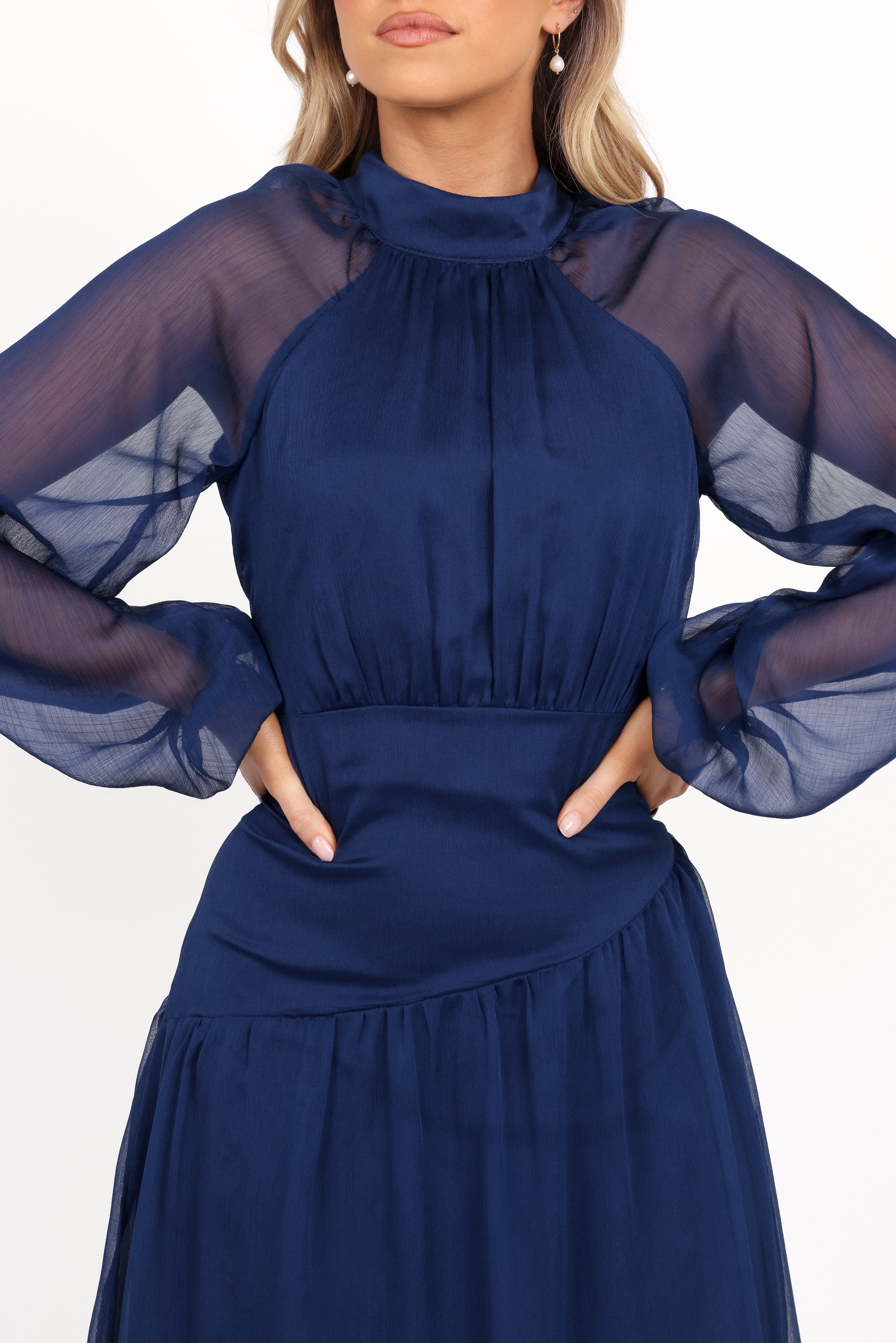 Julip Sheer Long Sleeve Maxi Dress - Navy-Ladys Street
